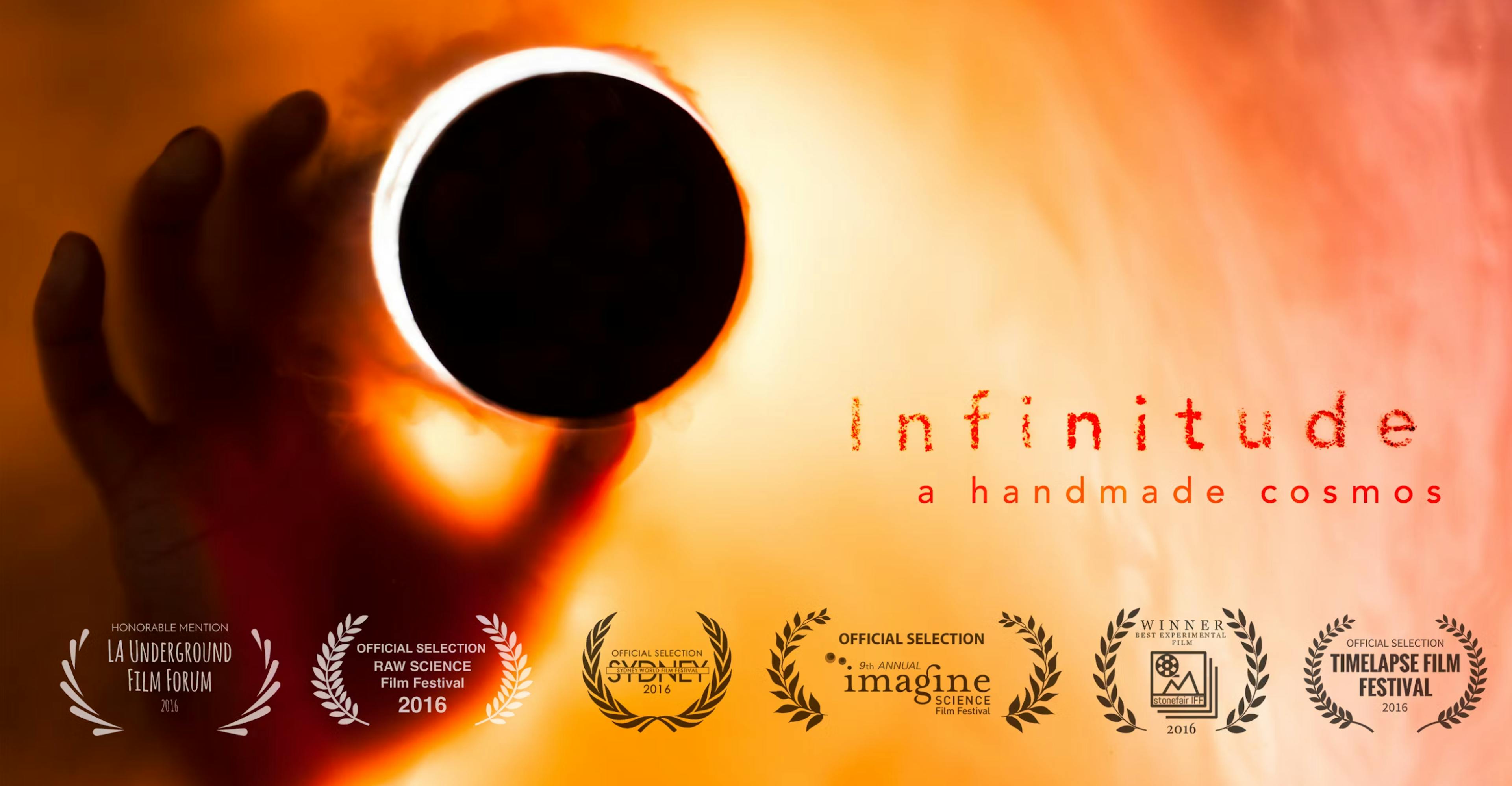 orange and red watercolour background, silhouette of a hand holding an eclipse on the left side of the screen. Text reads, "infinitude a handmade cosmos"