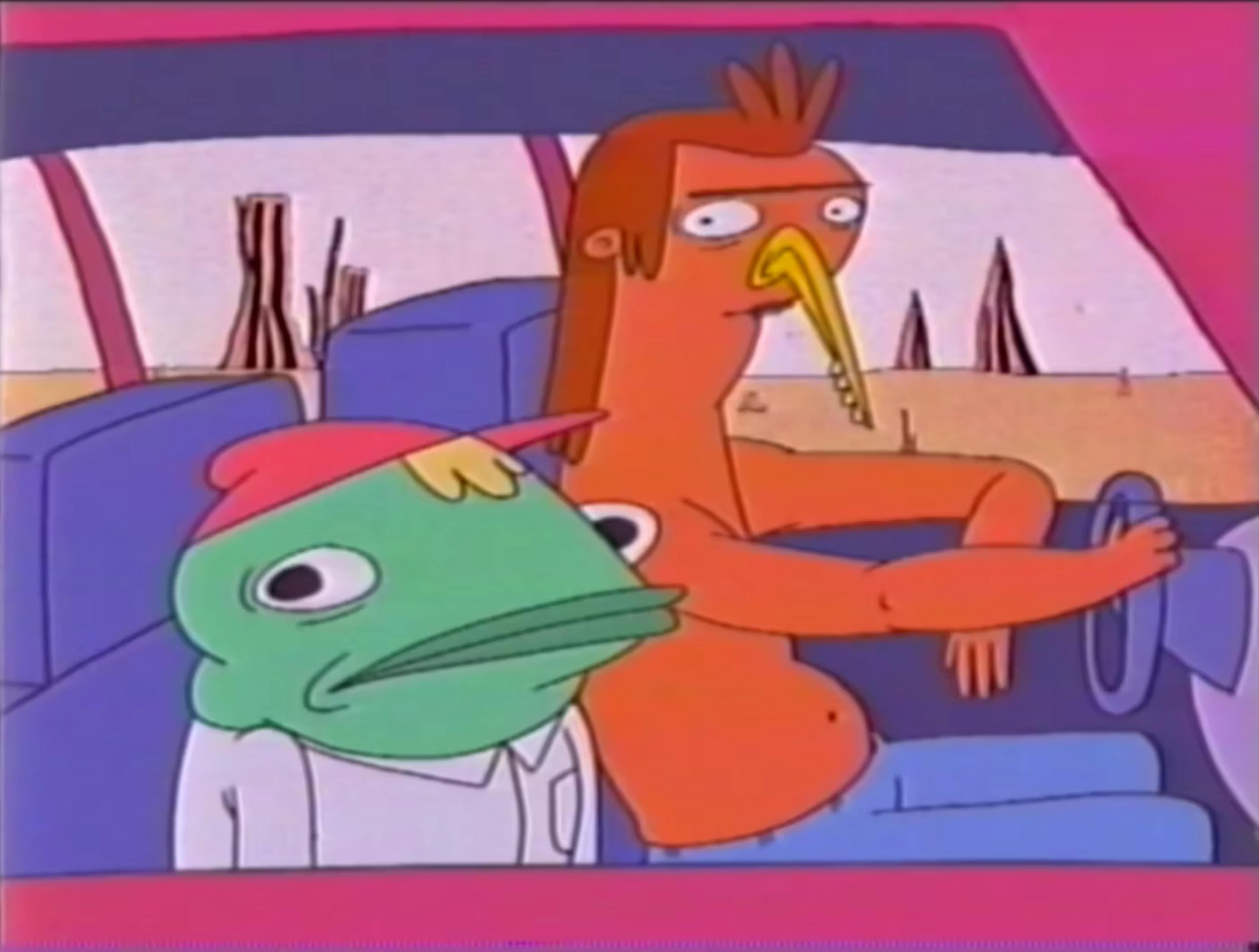 Two characters, an anthropomorphic bird and an anthropomorphic frog, are sitting in a car. The shot is from the passenger-side window, where the characters are looking beyond the camera. The bird is driving, and is orange with a mullet, and is looking with a disapproving expression. The other character, the frog, is sitting in the passenger seat. He is green, is wearing a white button up, has blond hair and a red ballcap on his head. He is looking worried. The background is of Nevada landscape. From Kevin Bailey’s Father’s Son (2015)