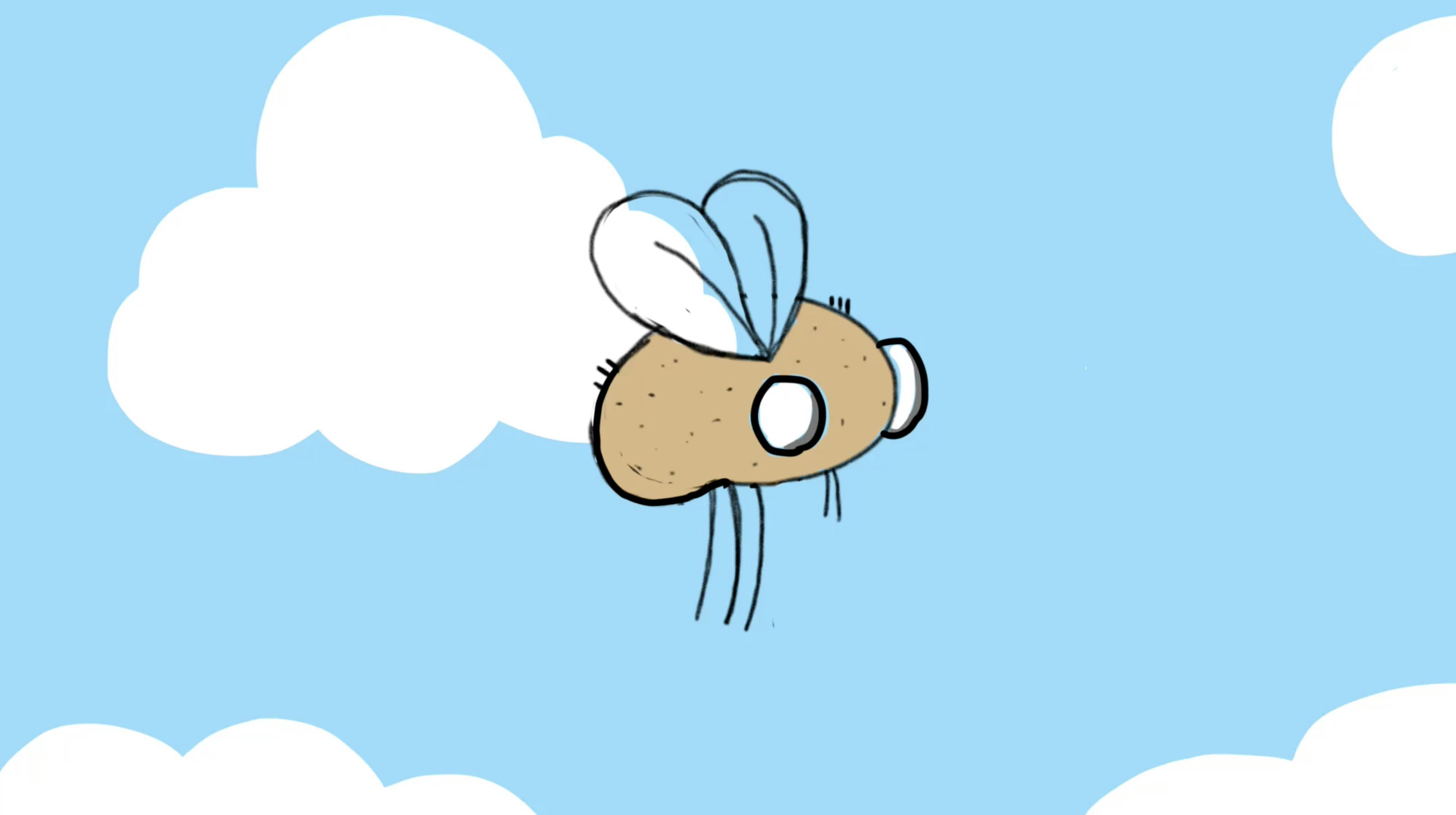 illustration of a fly in the middle of the frame. Its body looks like a potato. The background is a simple sky with white clouds. Scarlett V. YA W2024