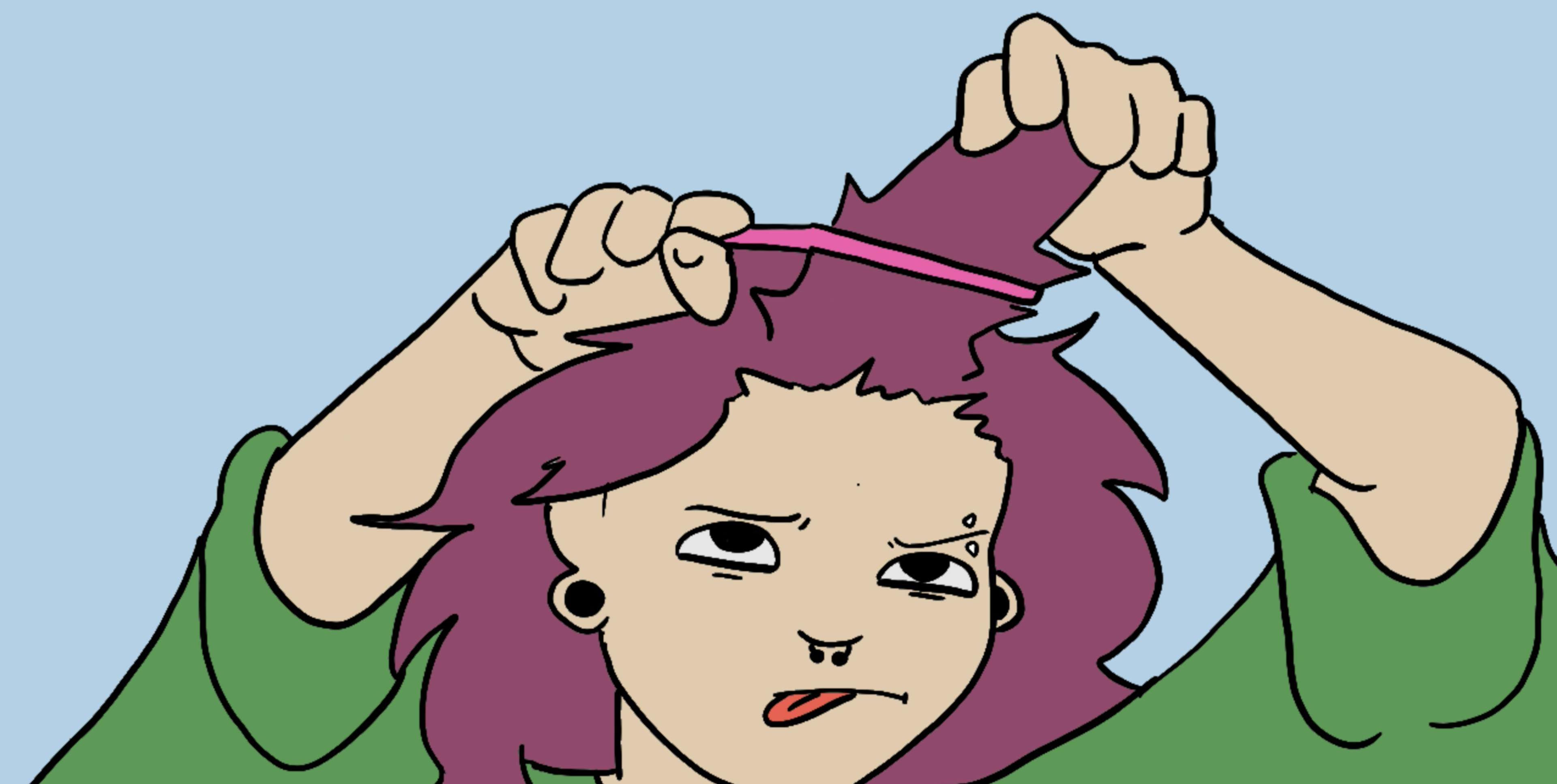 illustration of a girl combing out her bangs. Her hair is purple, she has a nose ring and her tongue is sticking out. Samaya P. YA W2024