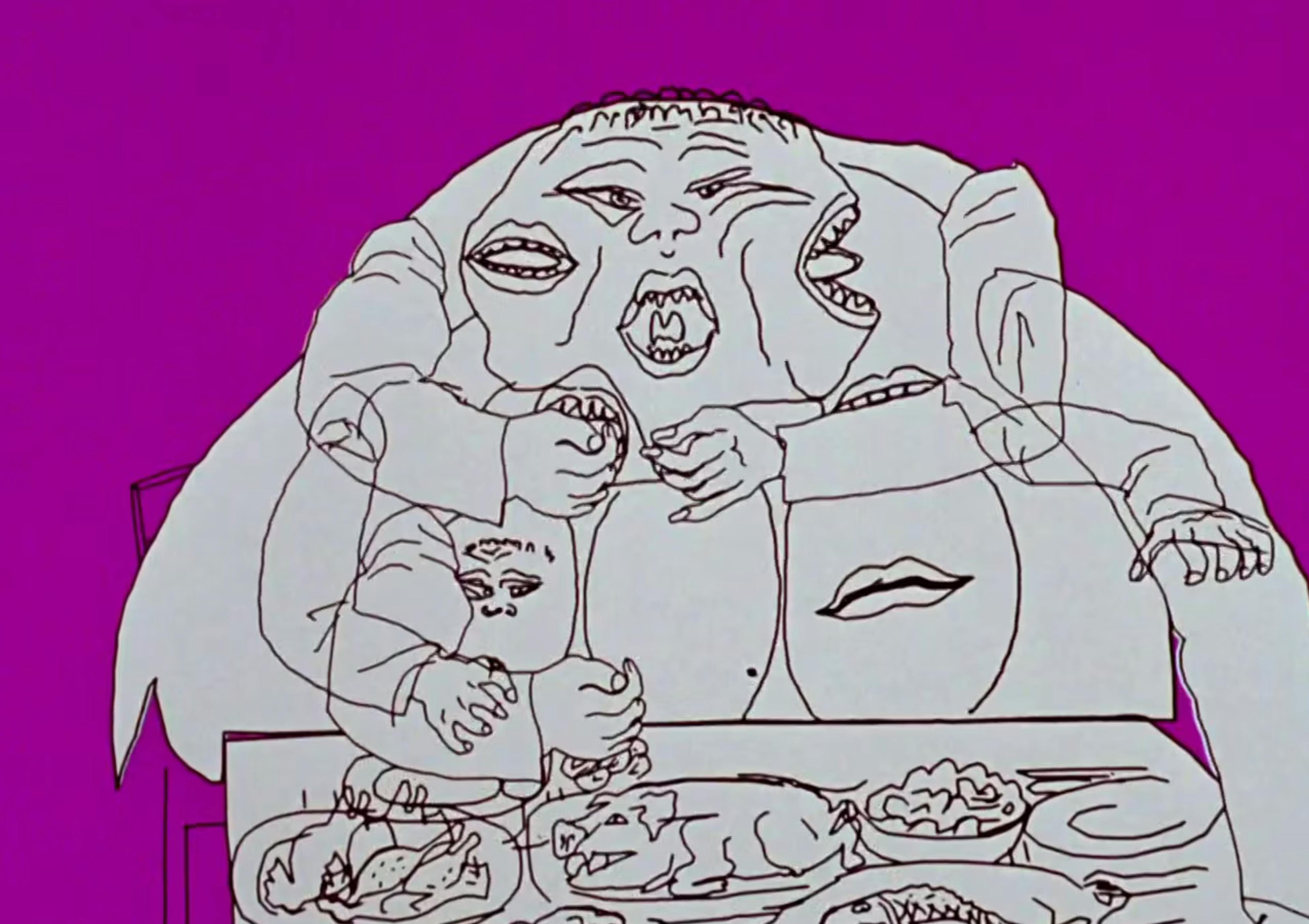 bright magenta background, and an illustration of a grotesque multi-mouthed creature eating food ravenously. From Peter Folde's Hunger (1974)