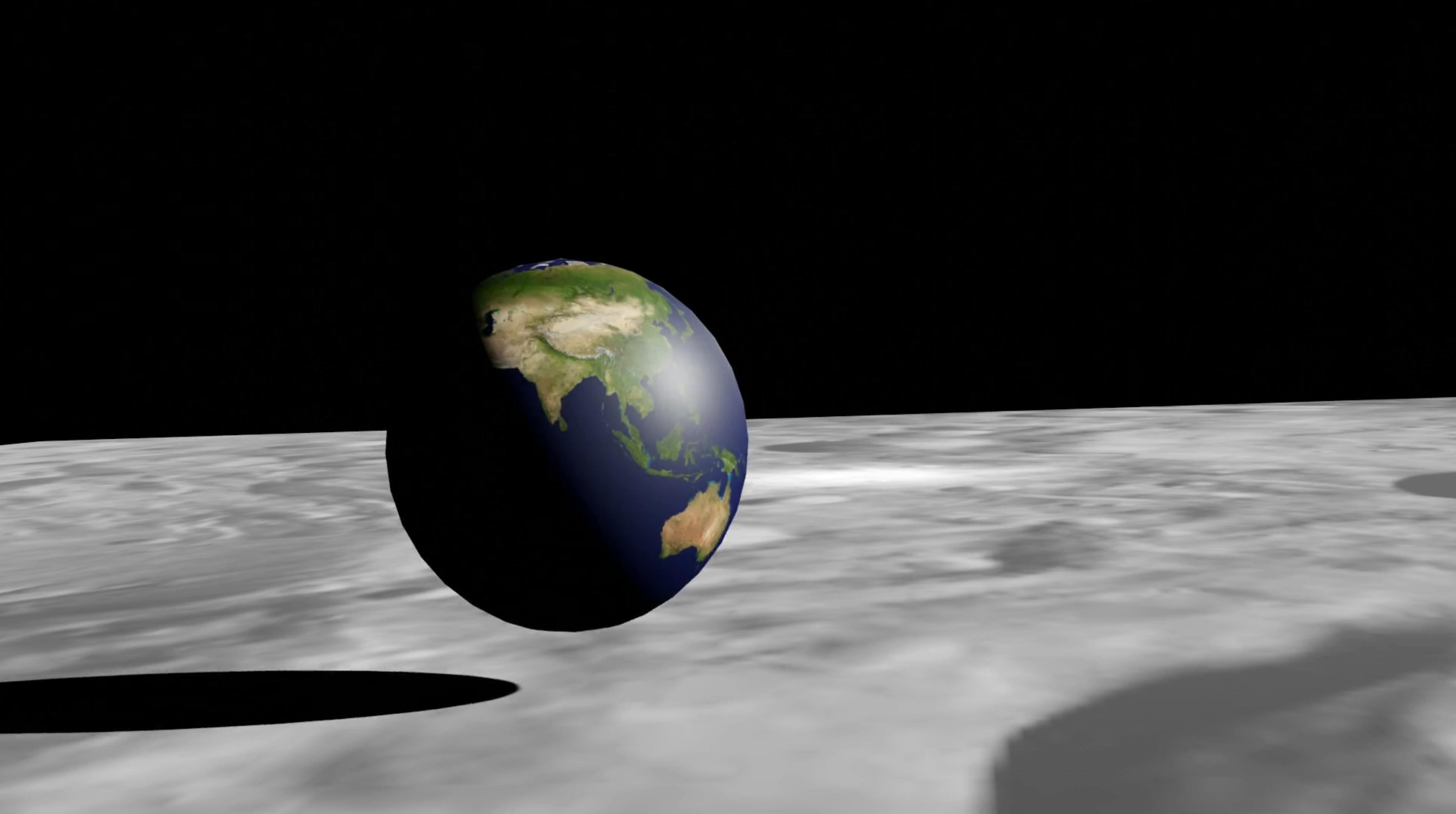 screenshot of a 3d animation of an earth bouncing on the moon Tyler C 3d F2023