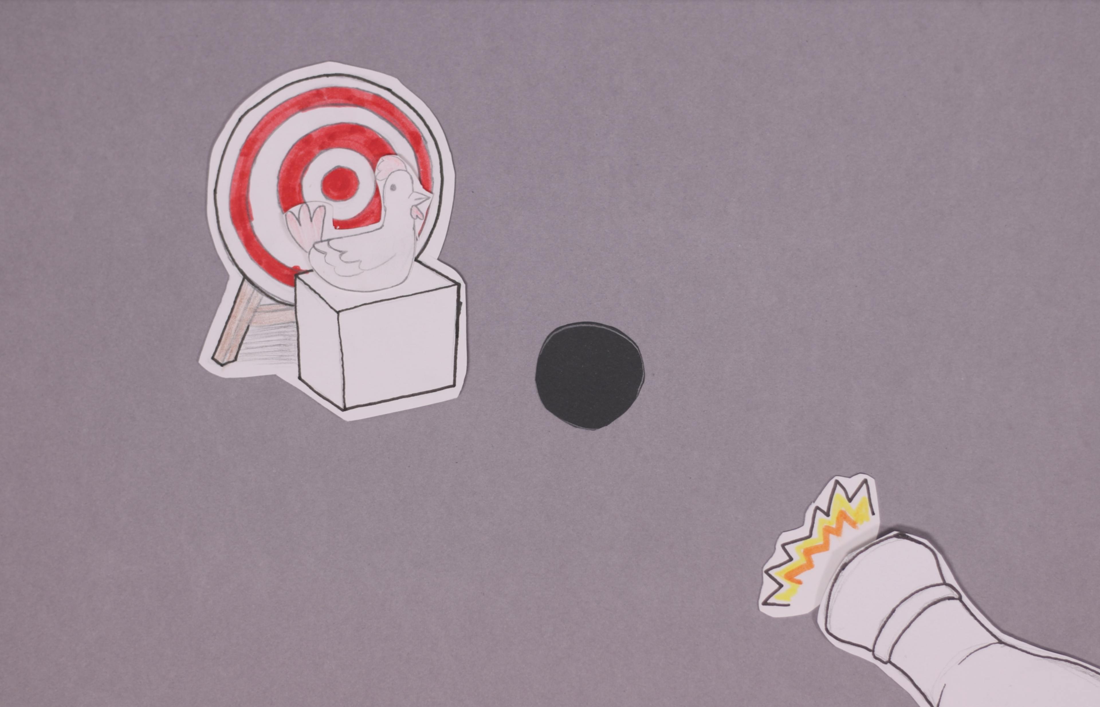 cut paper stop motion of a cannon shooting a cannon ball into a target. Anim fundies w2024, Jayden 