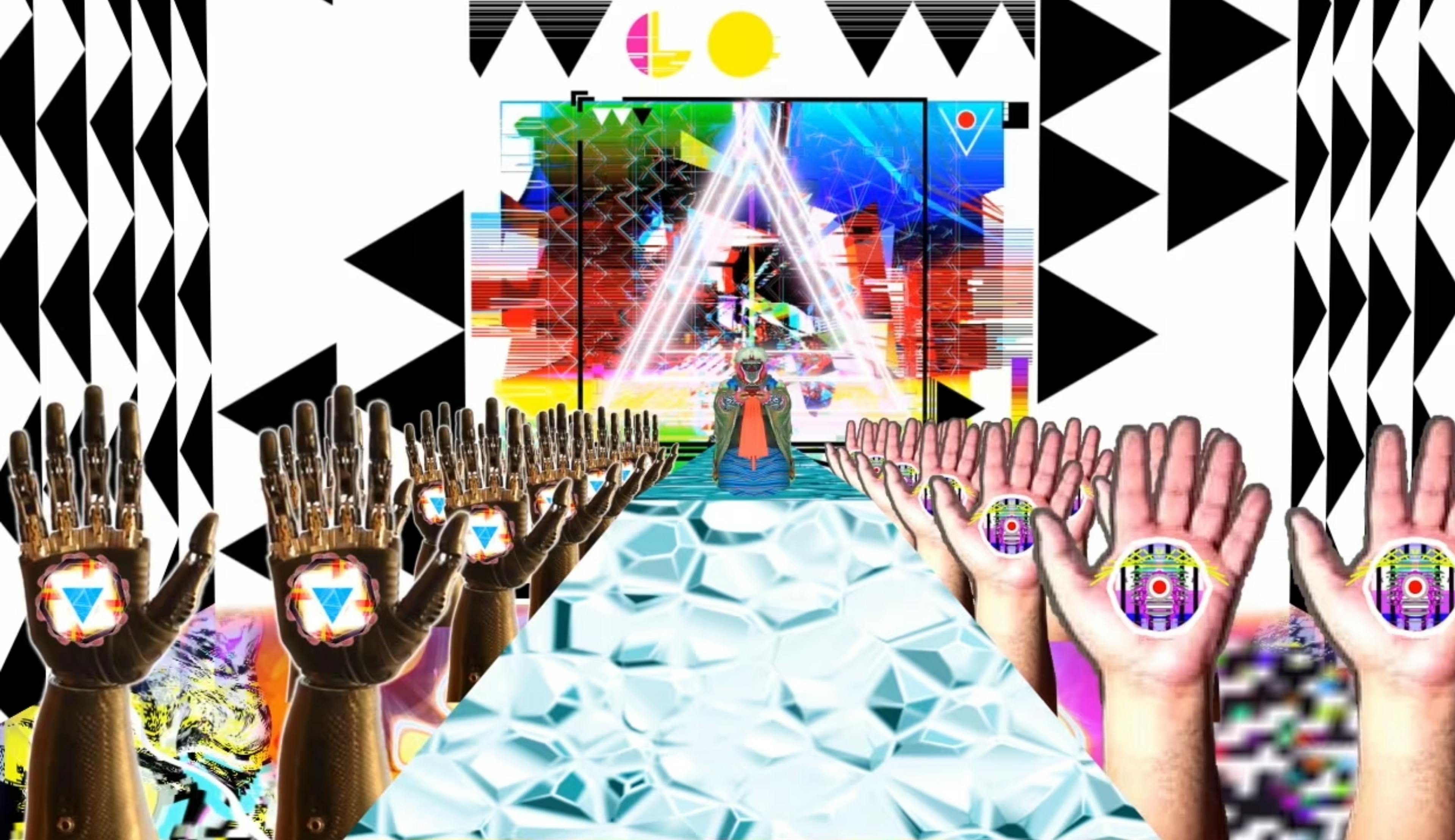 abstract extreme imagery of black hands covered with a blue triangle in their palm on one side of a runway, and white hands with a purple and green circle on their palms on the other. the background is geometric and black and white, with a center frame of psychadelic colours and a single figure standing in front of a white triangle. From Kokofreakbean’s Senso-Plexus (2016)