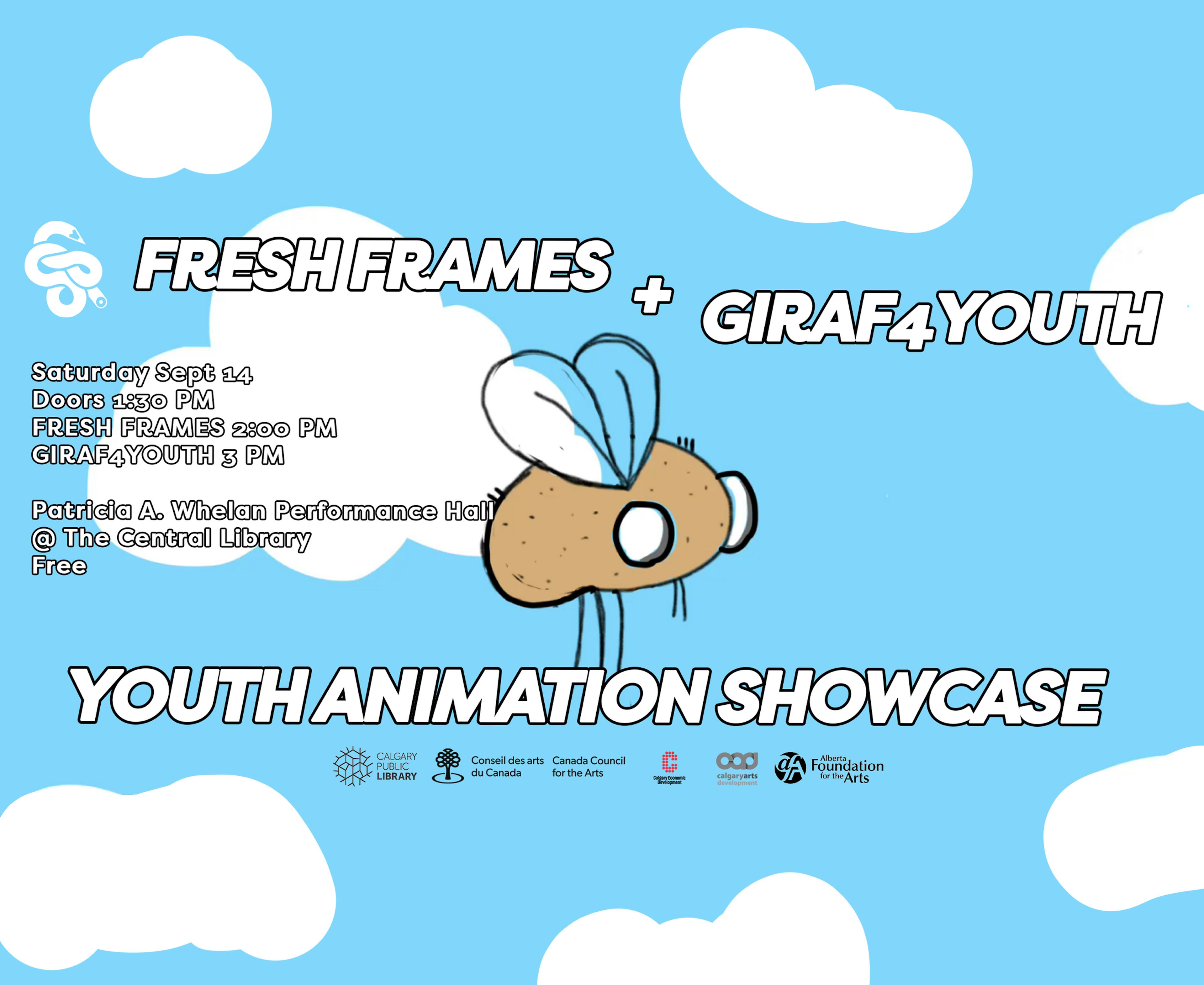 image of a simple fly by Scarlett V. in YA w2024 with text that reads "FRESH FRAMES + GIRAF4YOUTH" 