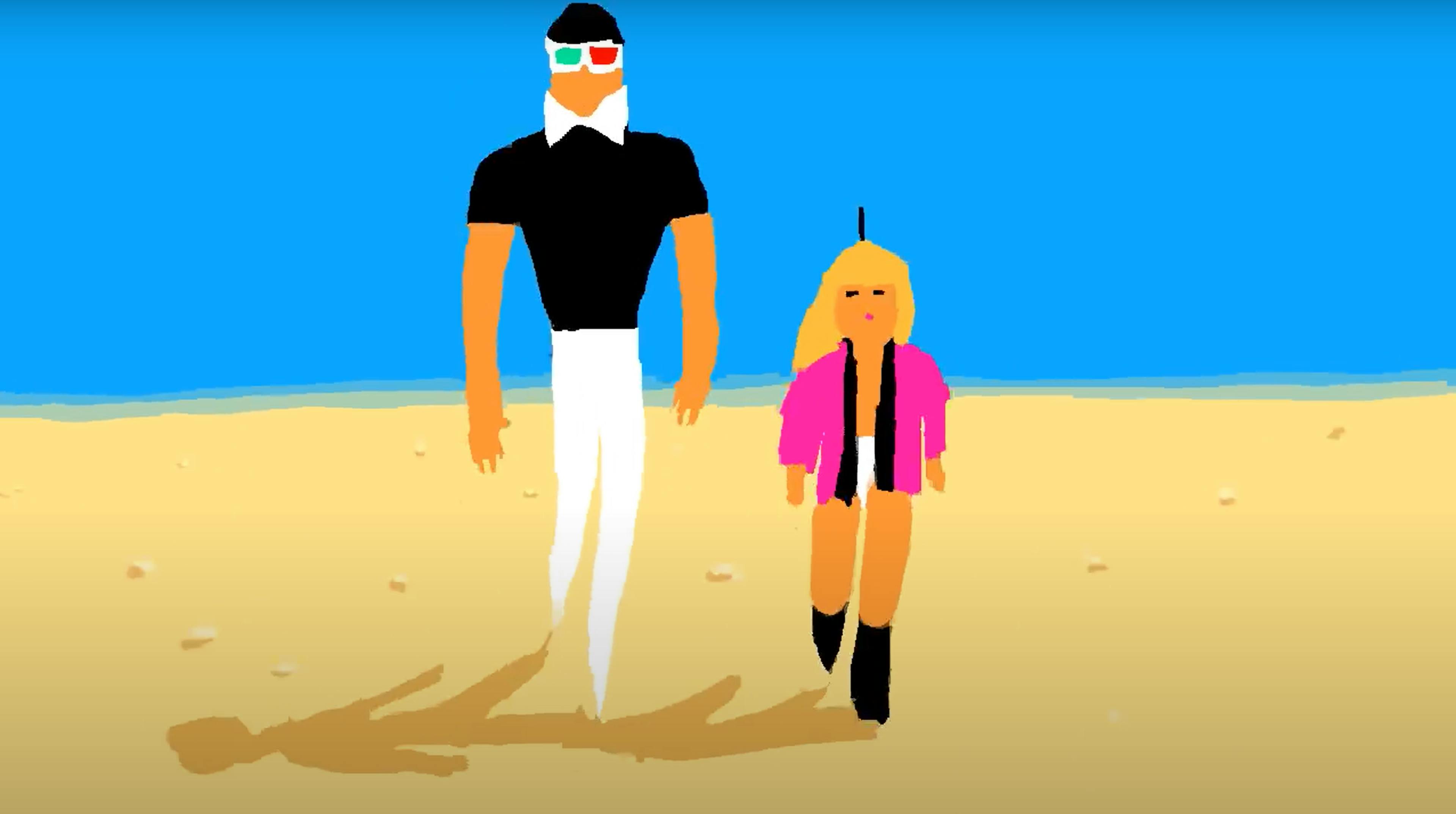 two characters are walking towards the screen in a desert environment. The figure on the left is masculine with 3D glasses, a white bow tie, and a black t shirt and white slacks. The figure on the right is feminine, much shorter than the masculine figure, and has long blond hair, a pink blazer, white shorts and black boots. From Misaki Uwabo’s New Tokyo Ondo