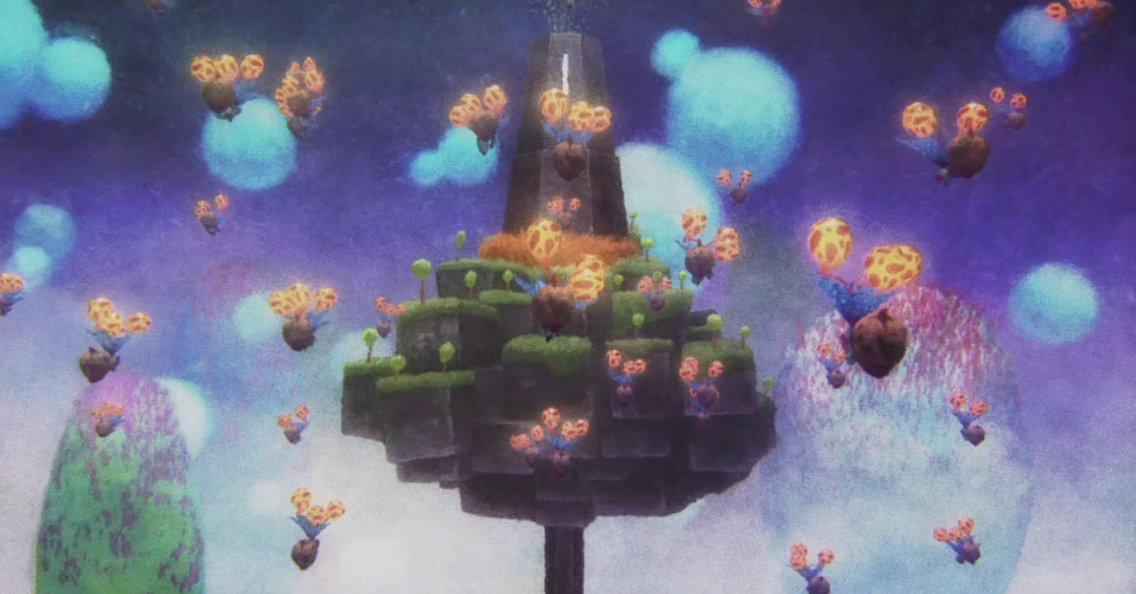 dreamlike image of an island help up by a sliver of land. Surrounding it are small pieces of earth strung up by glowing organic-looking balloons. From Small Garden by Shunsuke Saito (2015)