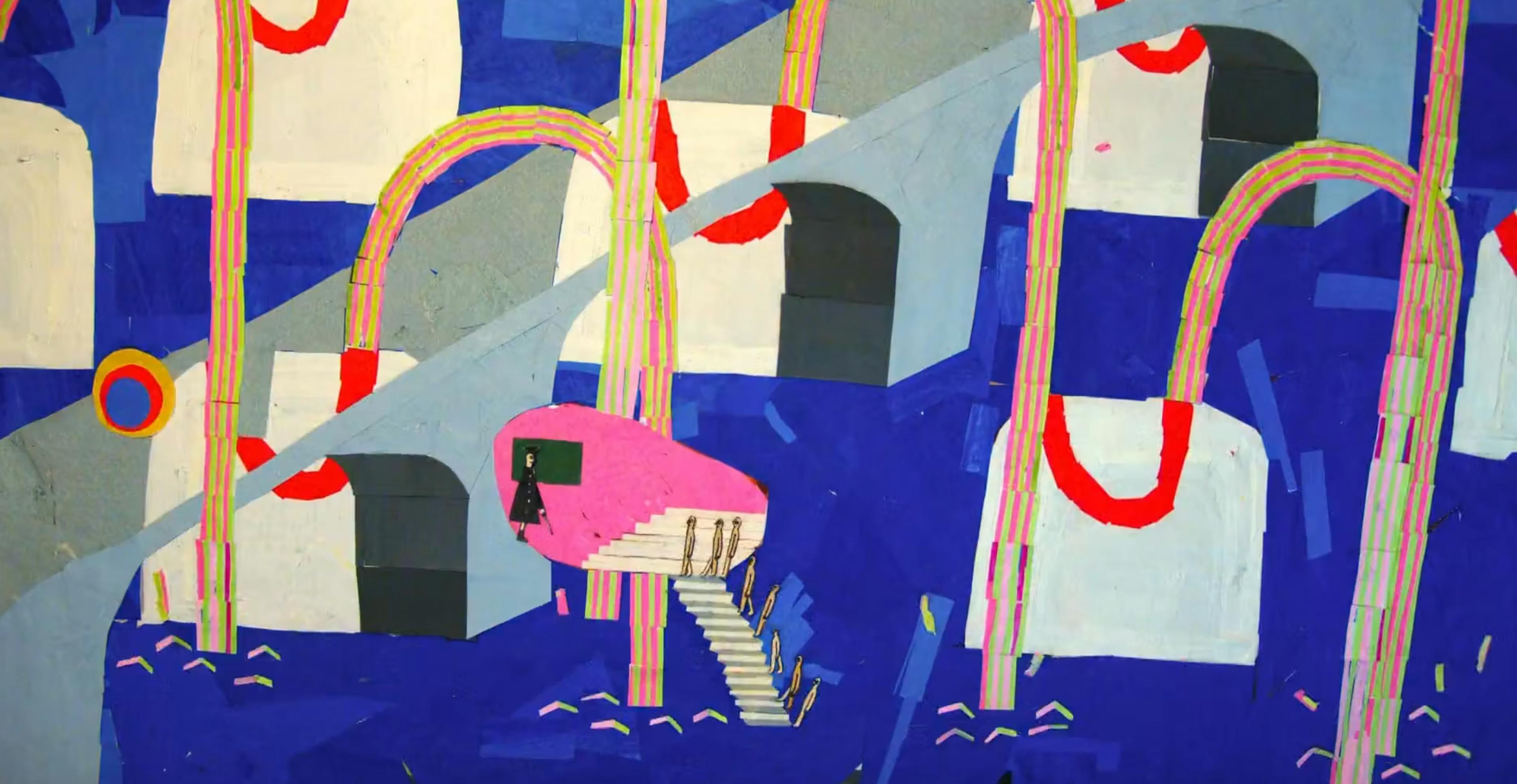 made of cut outs, the background is of a bridge with red and yellow striped pipes going in and out of the water. In front of the bridge is a pink campervan with stairs leading to the water, with a single figure standing by the window. Hoji Tsuchiya/土屋萌児's Springtime for Old Men (2016)