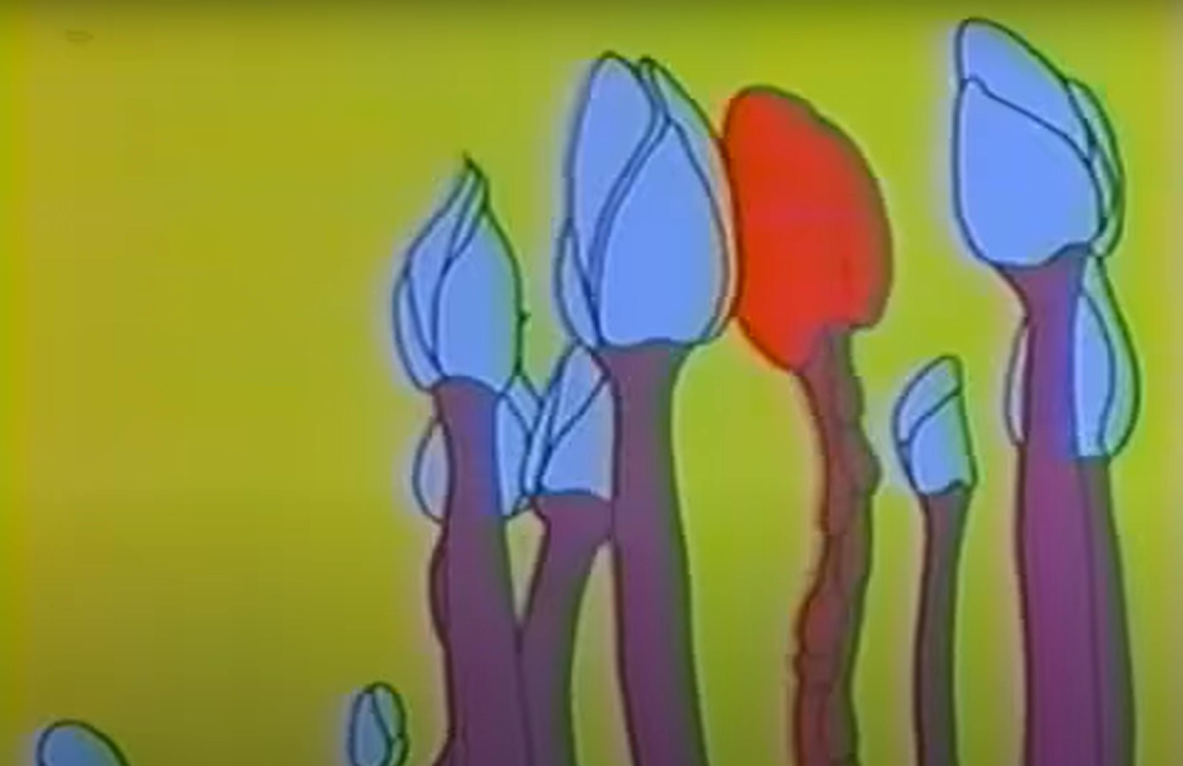 images of flowers (all blue except one red one) with purple stemps on a yellow background. From Vince Collins' Euphoria (2009)