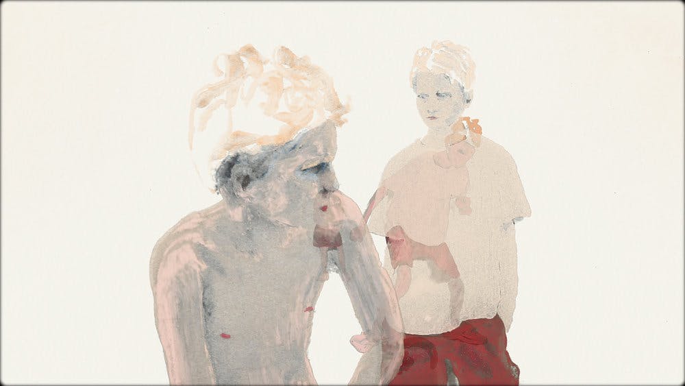 Overlapping painted images of a child in a t-shirt and red shorts
