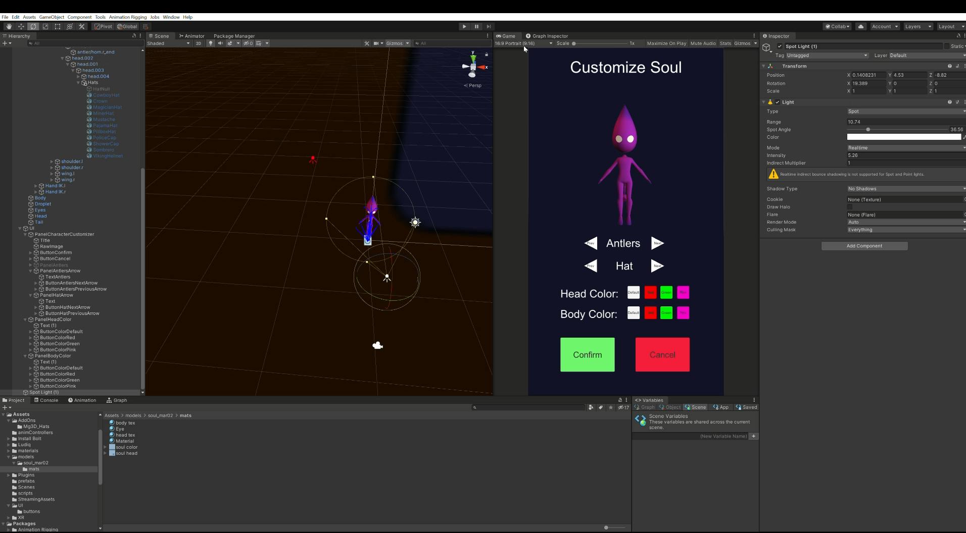 screenshot of a workspace in the Unity game engine, showing a little Soul being customized