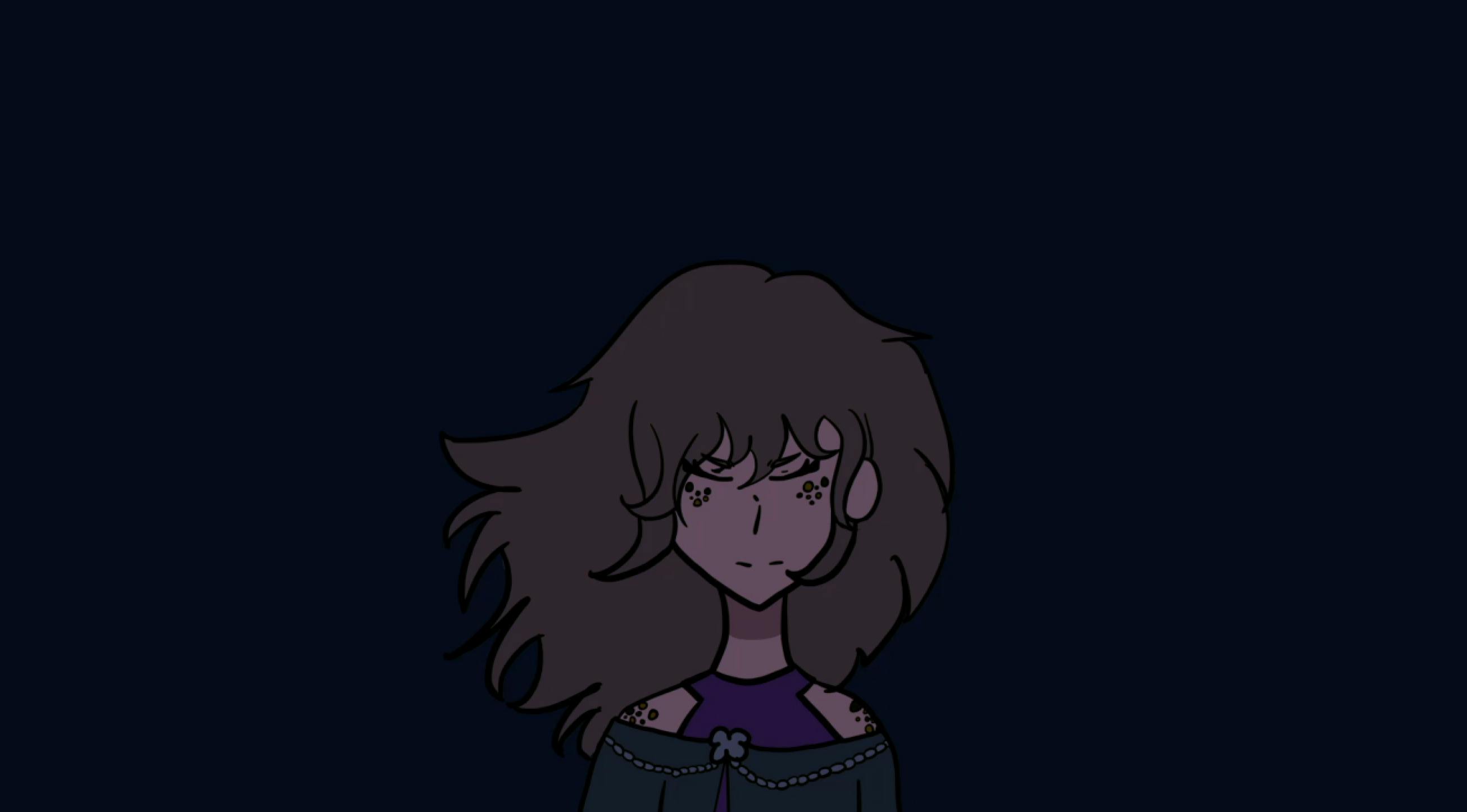 illustration of a girl with freckles with her eyes closed, and her long brown hair blowing in the wind