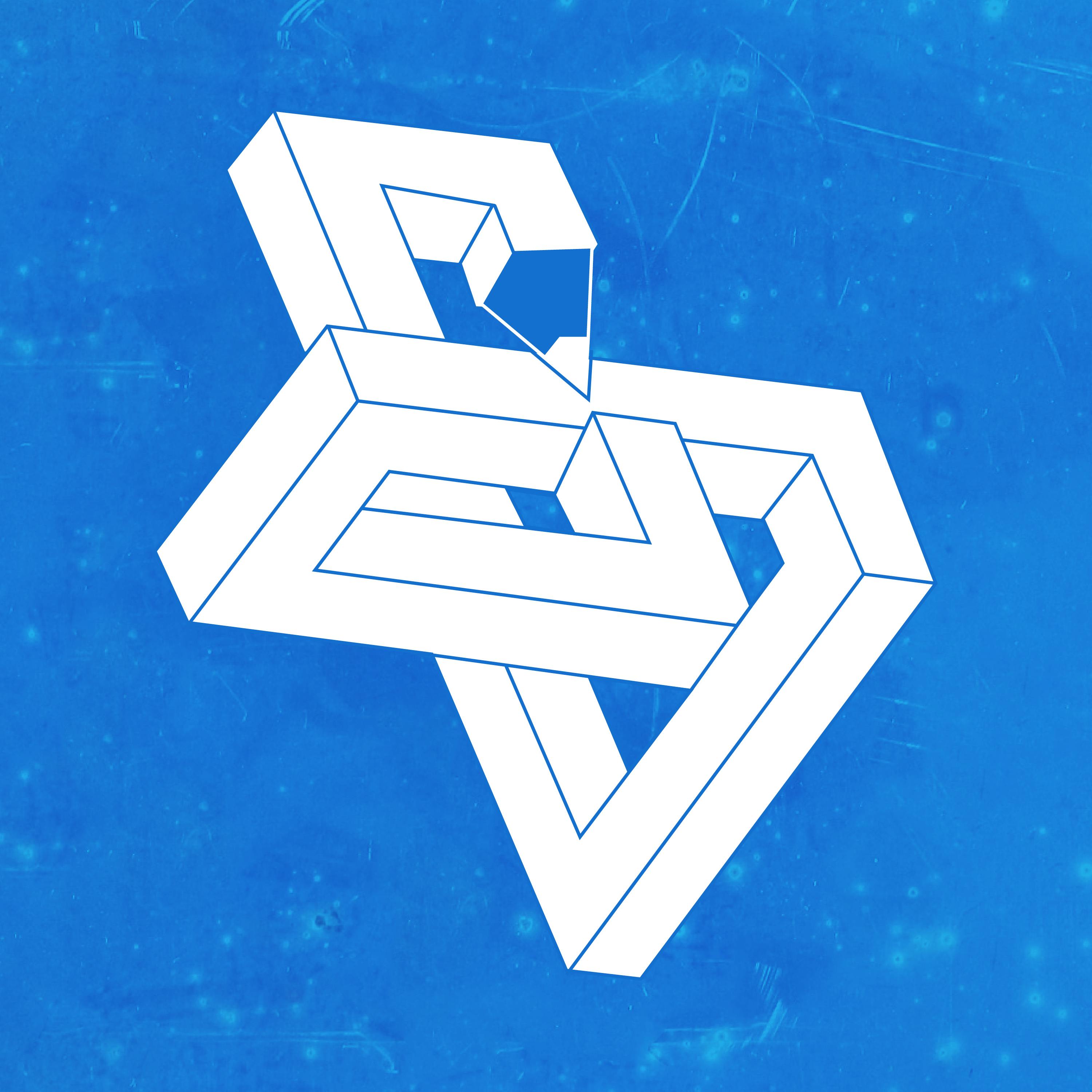 An "impossible geometry" version of Quickdraw's pencil logo, on a blue background