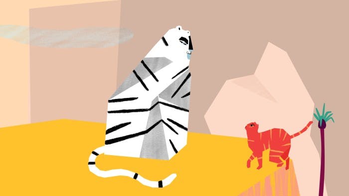 Vector drawing of a white tiger looking down on a smaller triped cat on a cliff-face