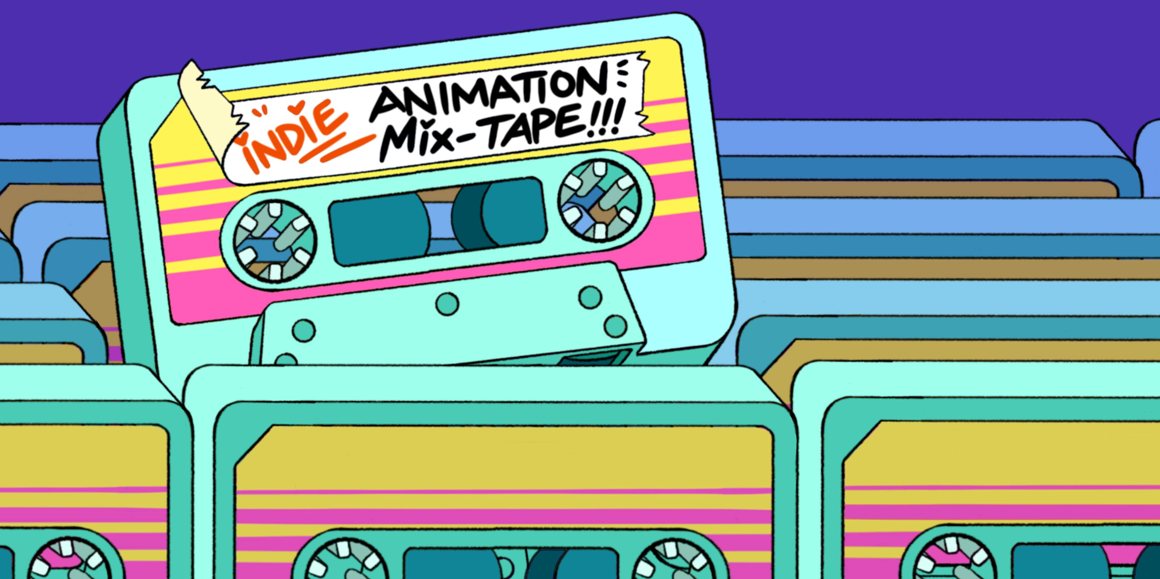 A tape labeled 'Indie Animation Mix-Tape!!!' pops out of a stack of tapes.