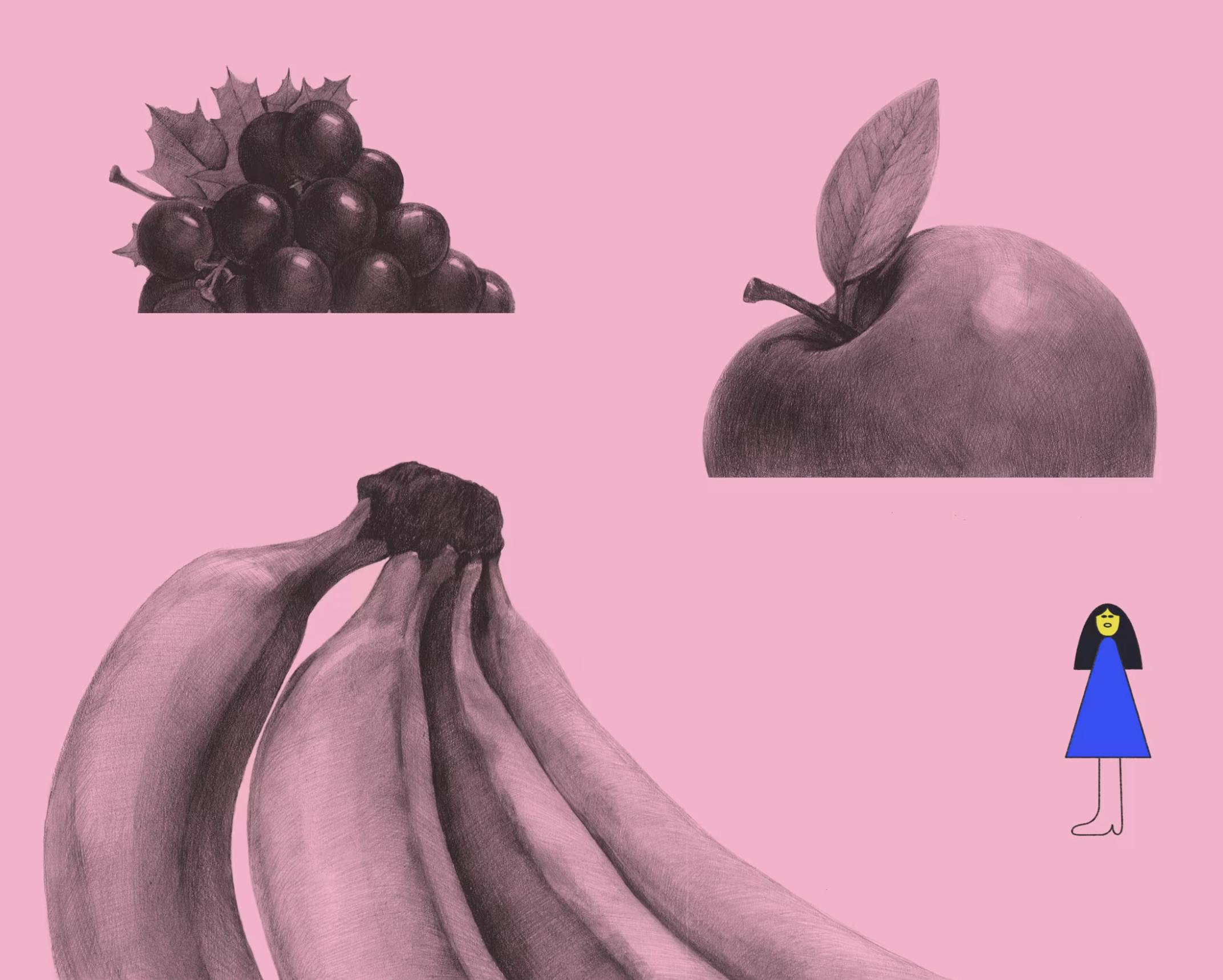 From Nicolas Menard's Wednesdays with Goddard (2016). A pink background, in the top left corner is a life drawing of grapes in pencil, the top left an apple, and bottom left bananas. Then in the bottom right is a more vector illustration of a feminine figure with yellow skin, straight black hair, a blue dress, and a contour drawing of a boot as their legs