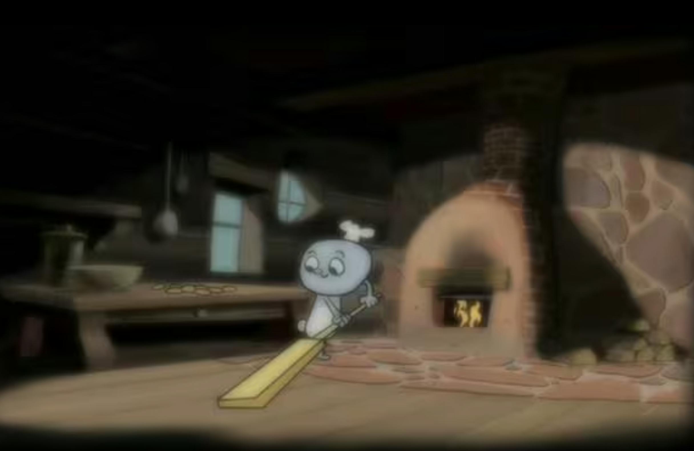 Image of a cute blue character wear ing a chef hat lifting a large yellow oven spatula into a pizza over in a small cabin. 