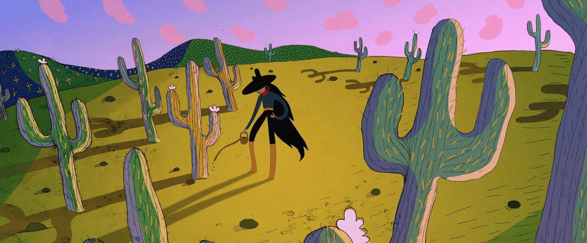 A figure in a cowboy hat waters a cactus in a colourful desert landscape