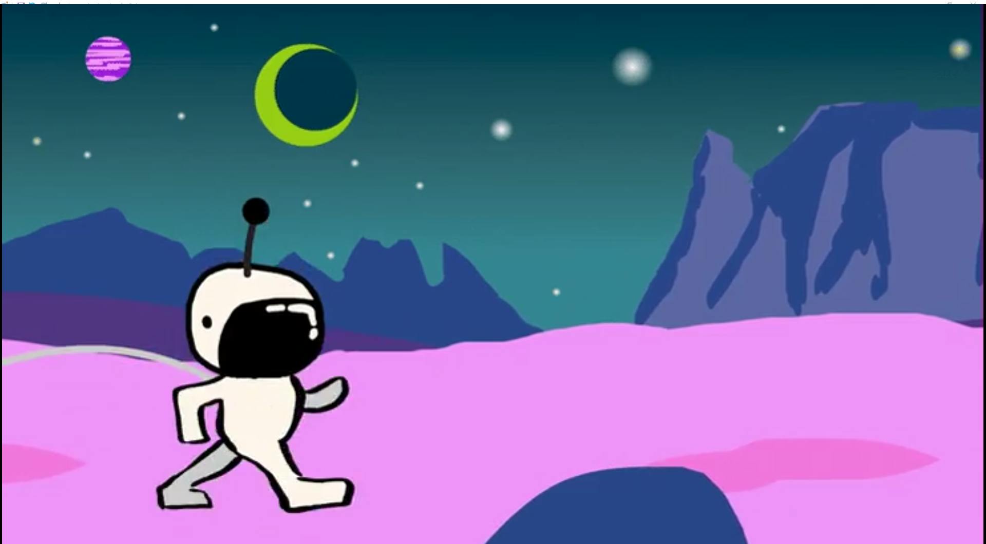 Drawing of a spaceman walking on an alien planet. The ground is pink, and the background has tall mountains and two moons