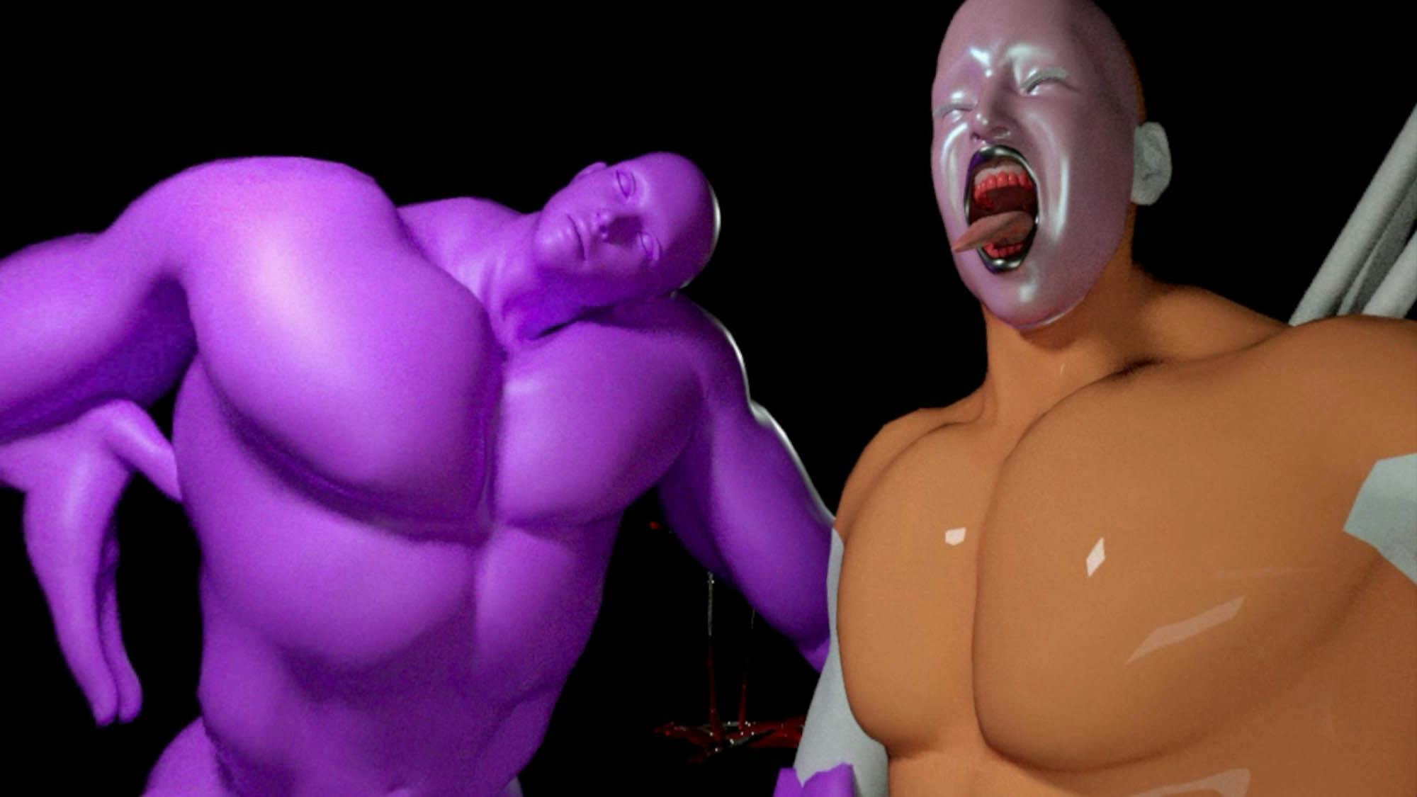 CG image of two bald, musclebound figures with purple and orange skin make strange faces at the camera.