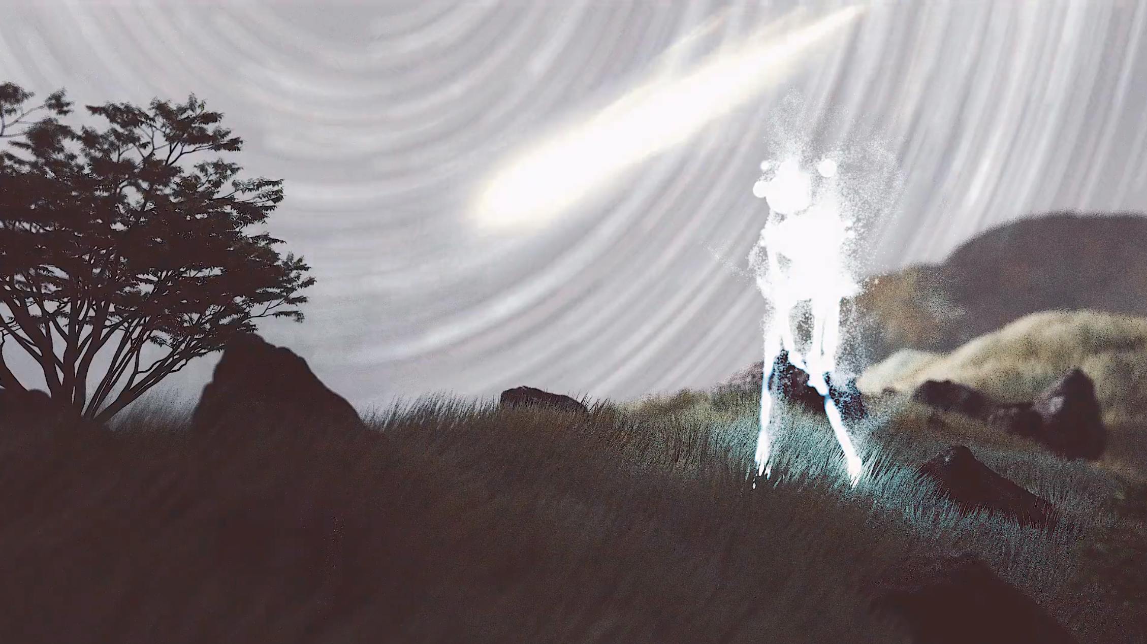 A glowing white figure stands on a hill as a comet blazes in the background