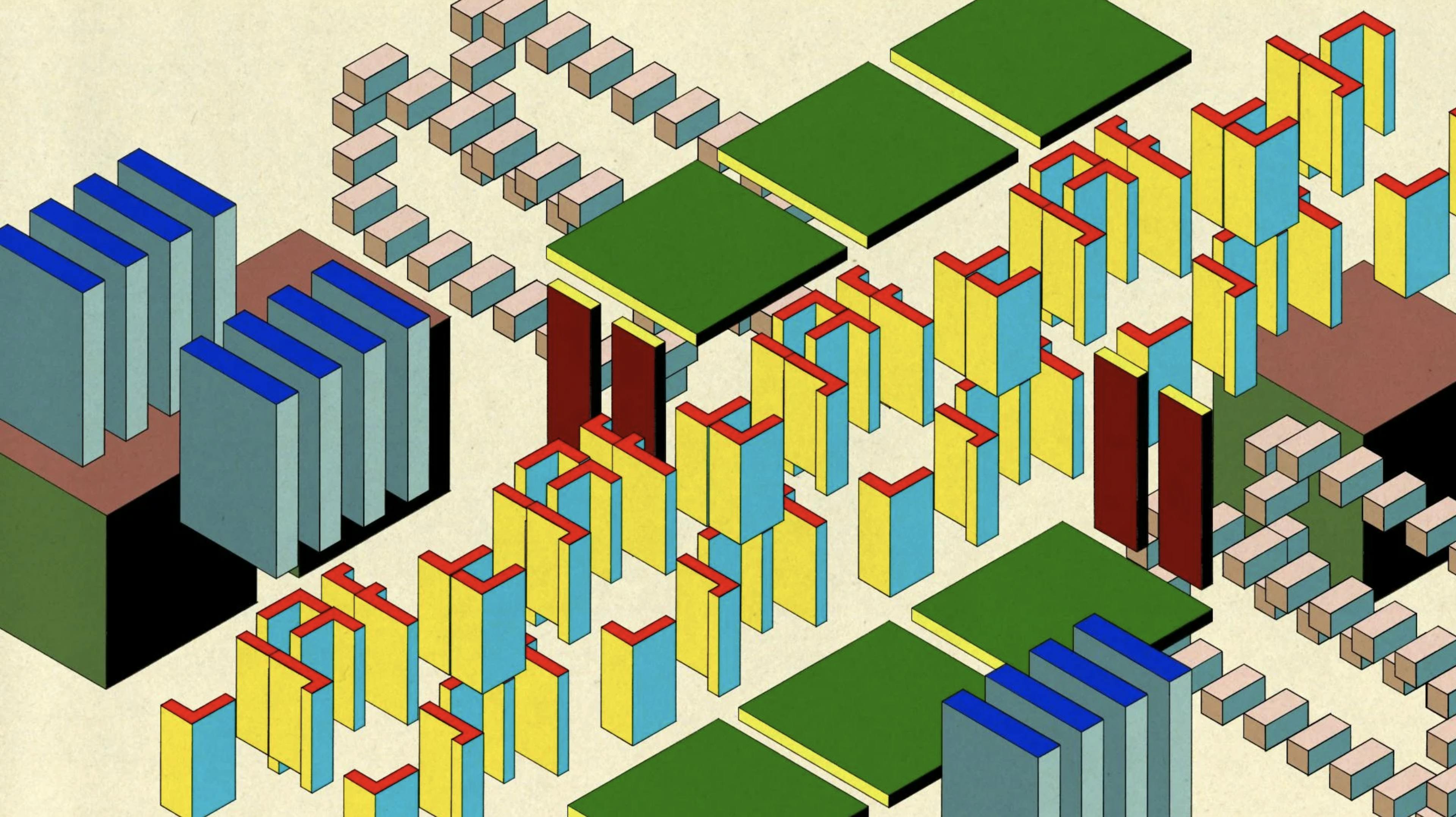 An isometric view of colourful rectangular prisms arranged in abstract patterns.