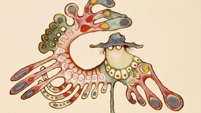 Still from Ryan Larkin's Street Musique (1972). Image of a character with a hat and glasses, and morphed limbs into various colours and shapes