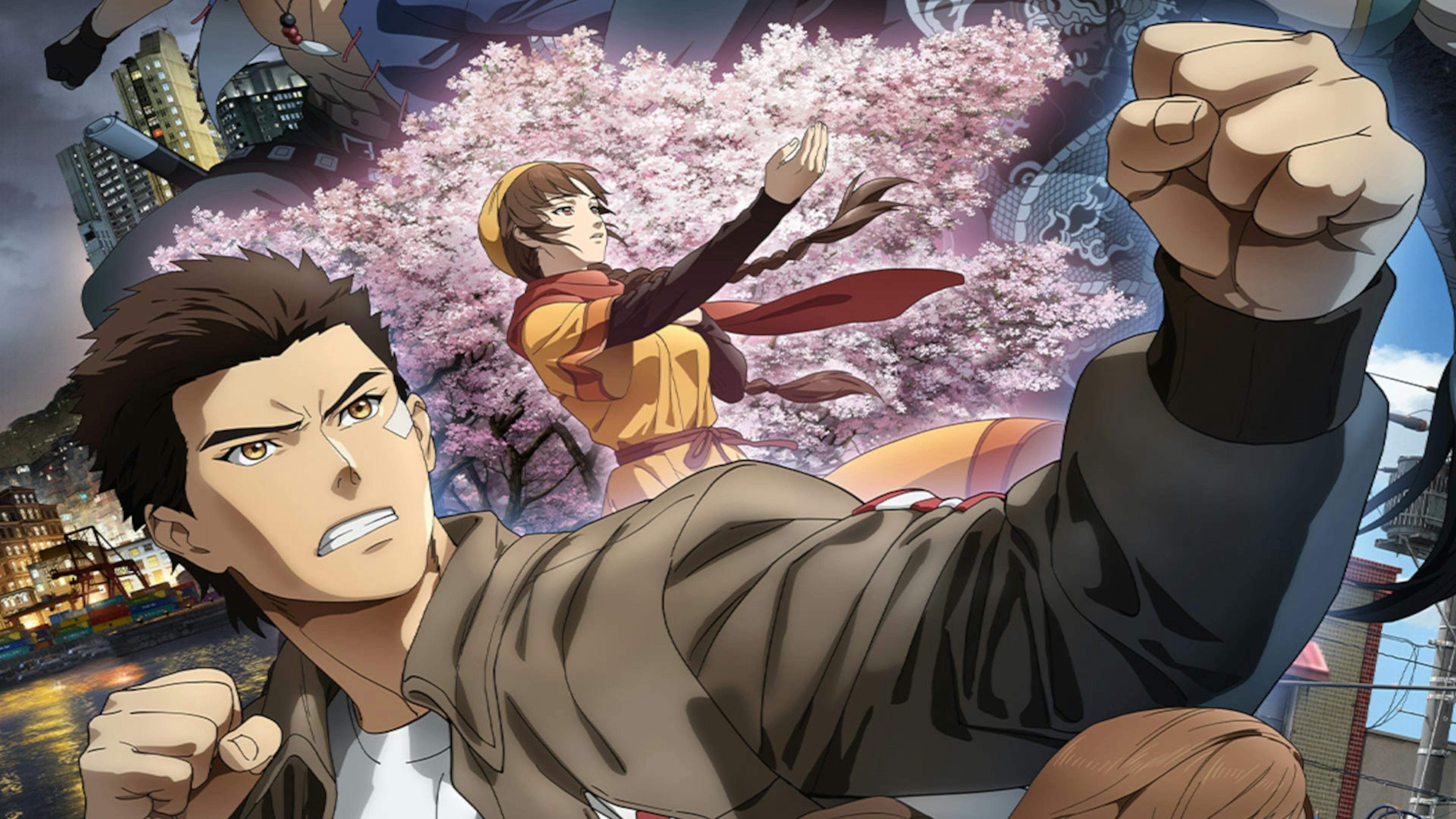 Two characters in fighting poses stand in front of a cherry blossom tree and harborfront