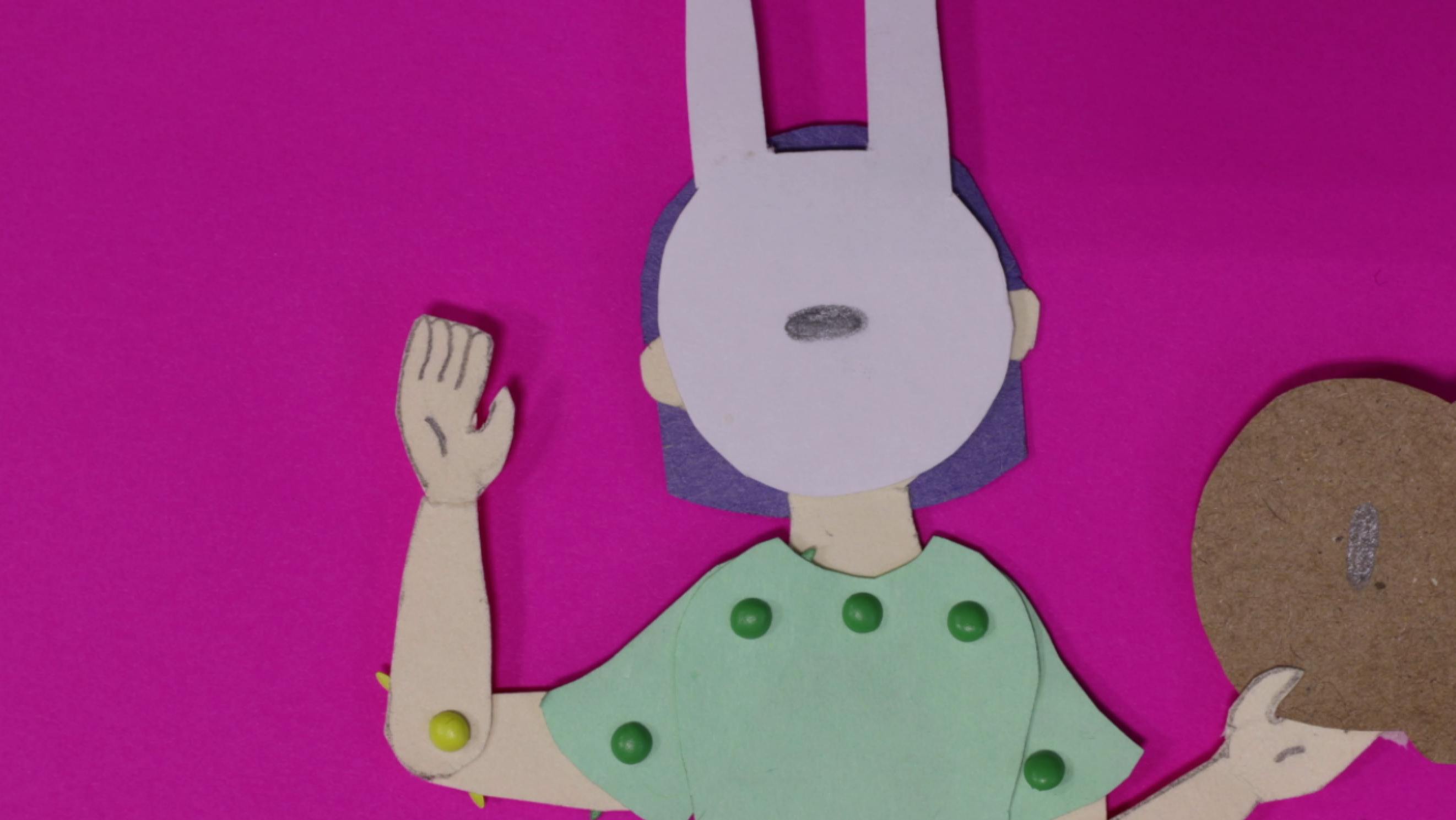 cut out character wearing a mask that looks like a rabbit head