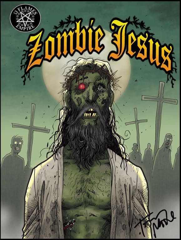 Promotional Poster for 13 Flames Empire's Zombie Jesus. It depicts a zombified Jesus with one eye missing standing in the middle of the frame, and behind him are the silhouettes of crosses and other zombies