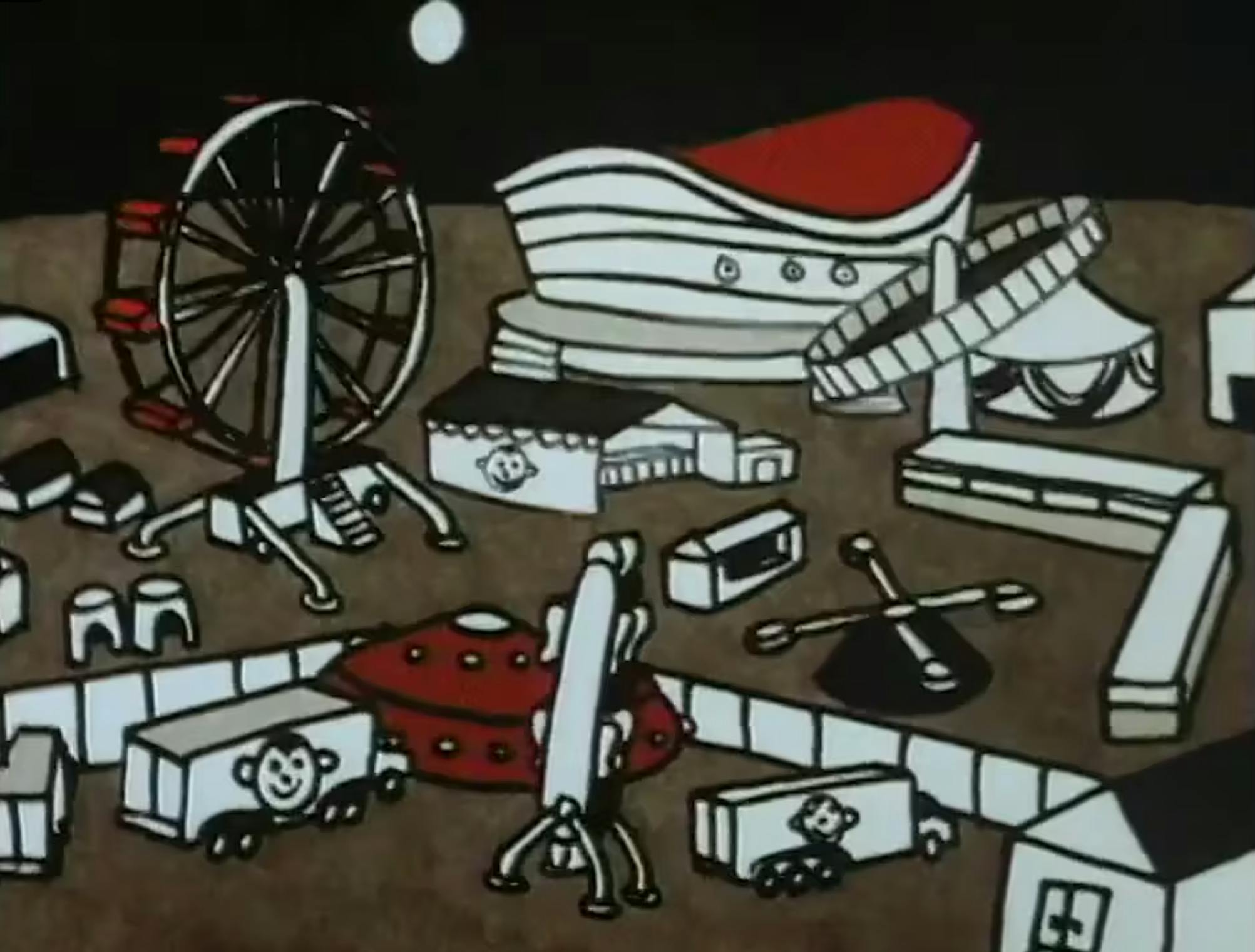 Still from Trevor Mahovsky's Stampede Eats me up inside (1998). An exposition shot of the Calgary Stampede grounds with the saddledome in the background drawn with thick lines and a predominately black, white, sepia and red colour scheme.