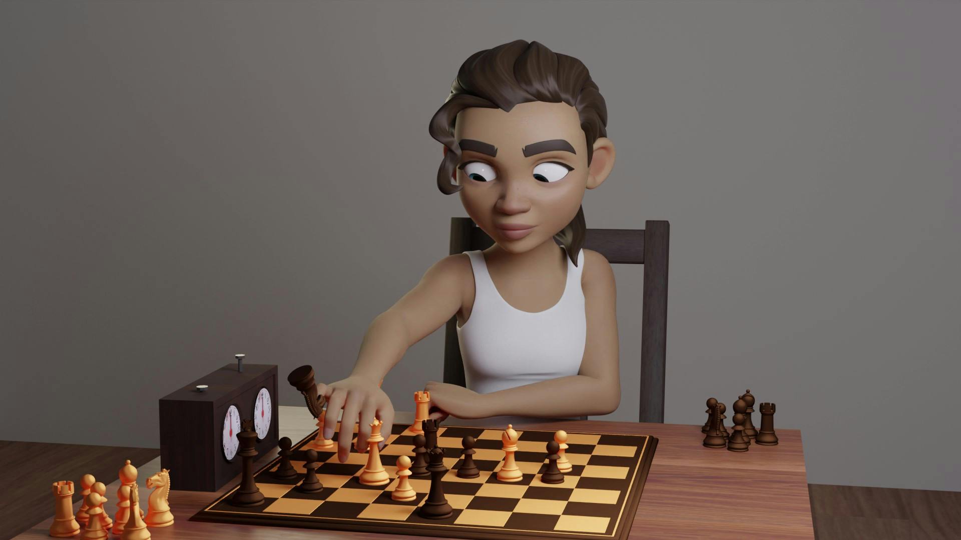 image of a 3D animated scene of a girl playing chess