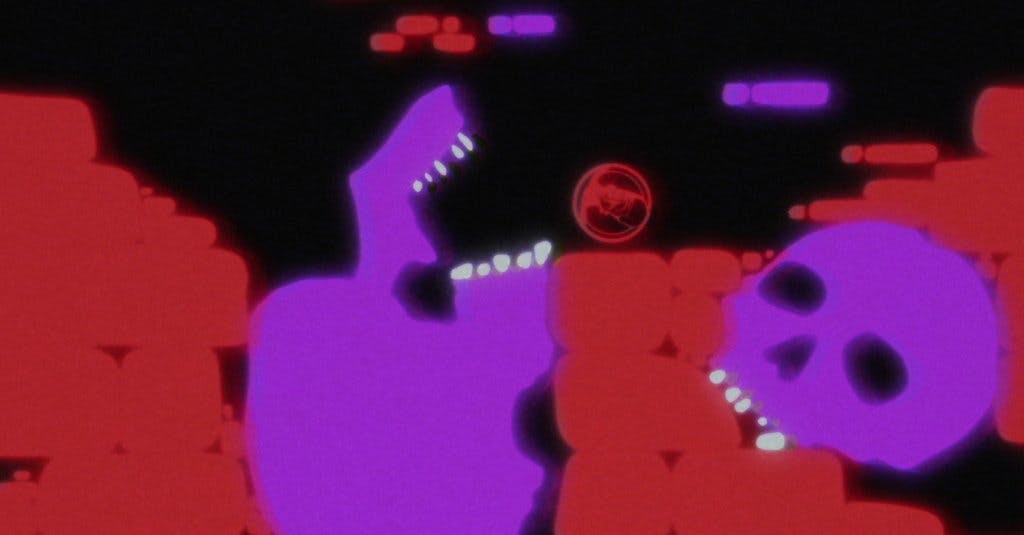 Glowing purple skulls are placed awkwardly in a 2D video-game-like landscape