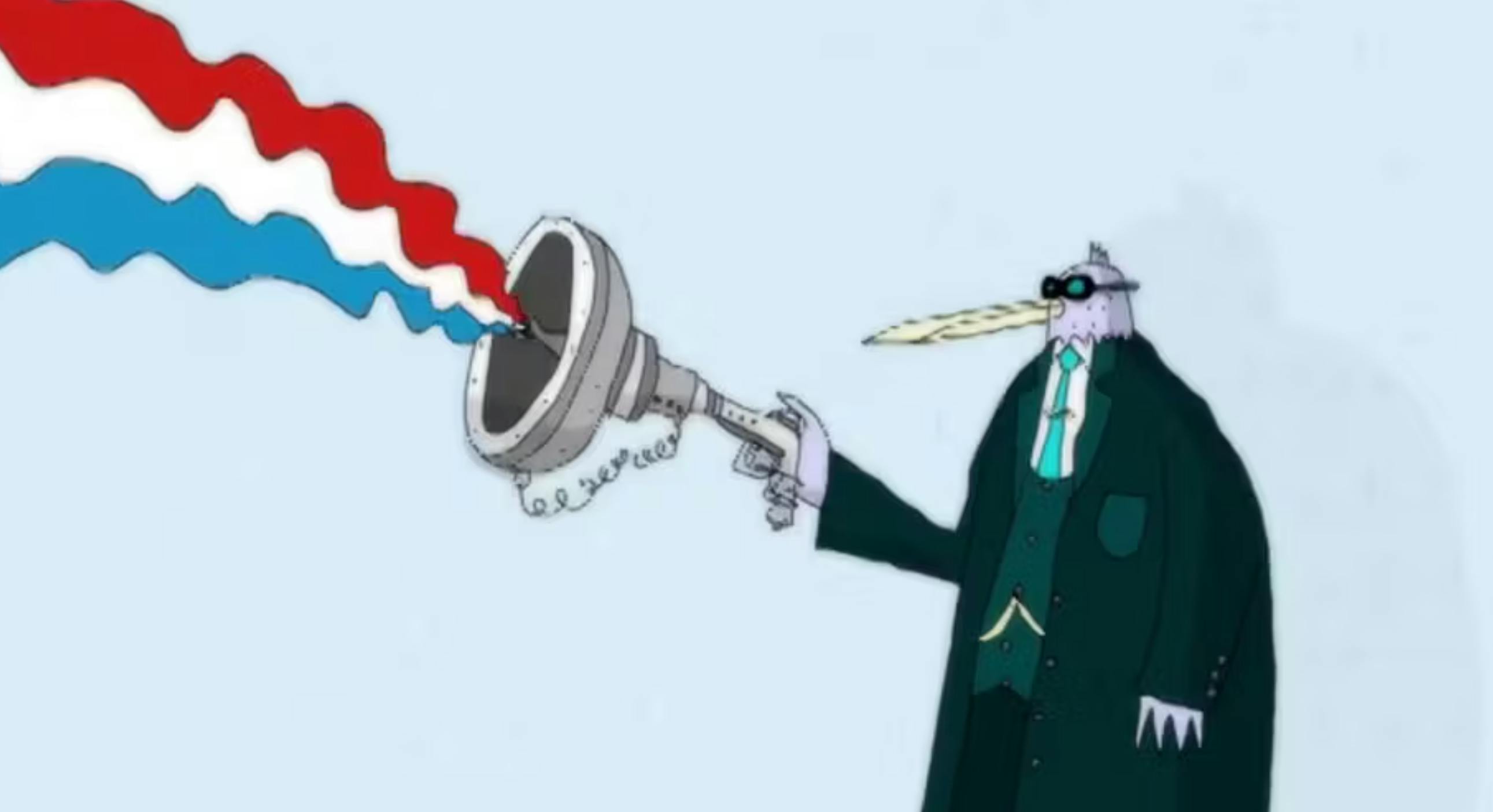 Illustration of a bird-man wearing a blue-green suit holding a gun of some sort that looks like it's spewing radio waves (colours red, white and blue) into the sky. From One Year, One Film, One Second a Day by the Brothers McLeod