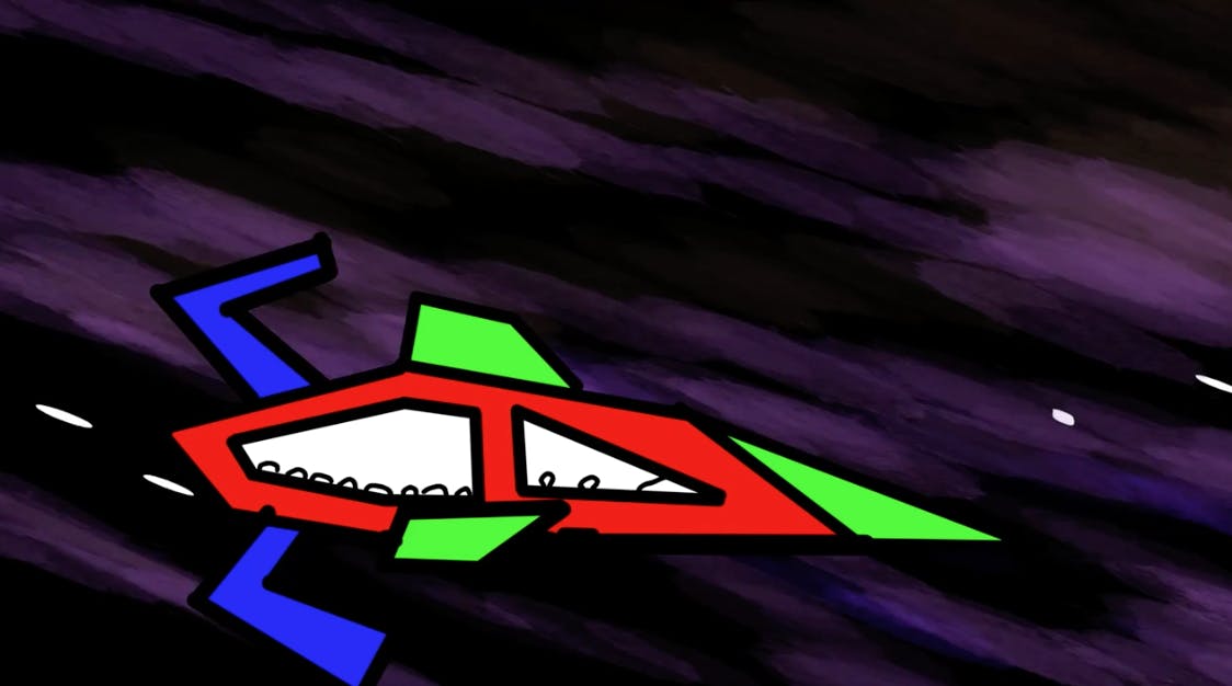 image of a red. green, and blue spaceship going through space at a high speed