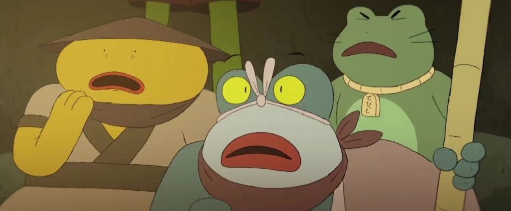 Three frog-like characters stare at the screen in shock