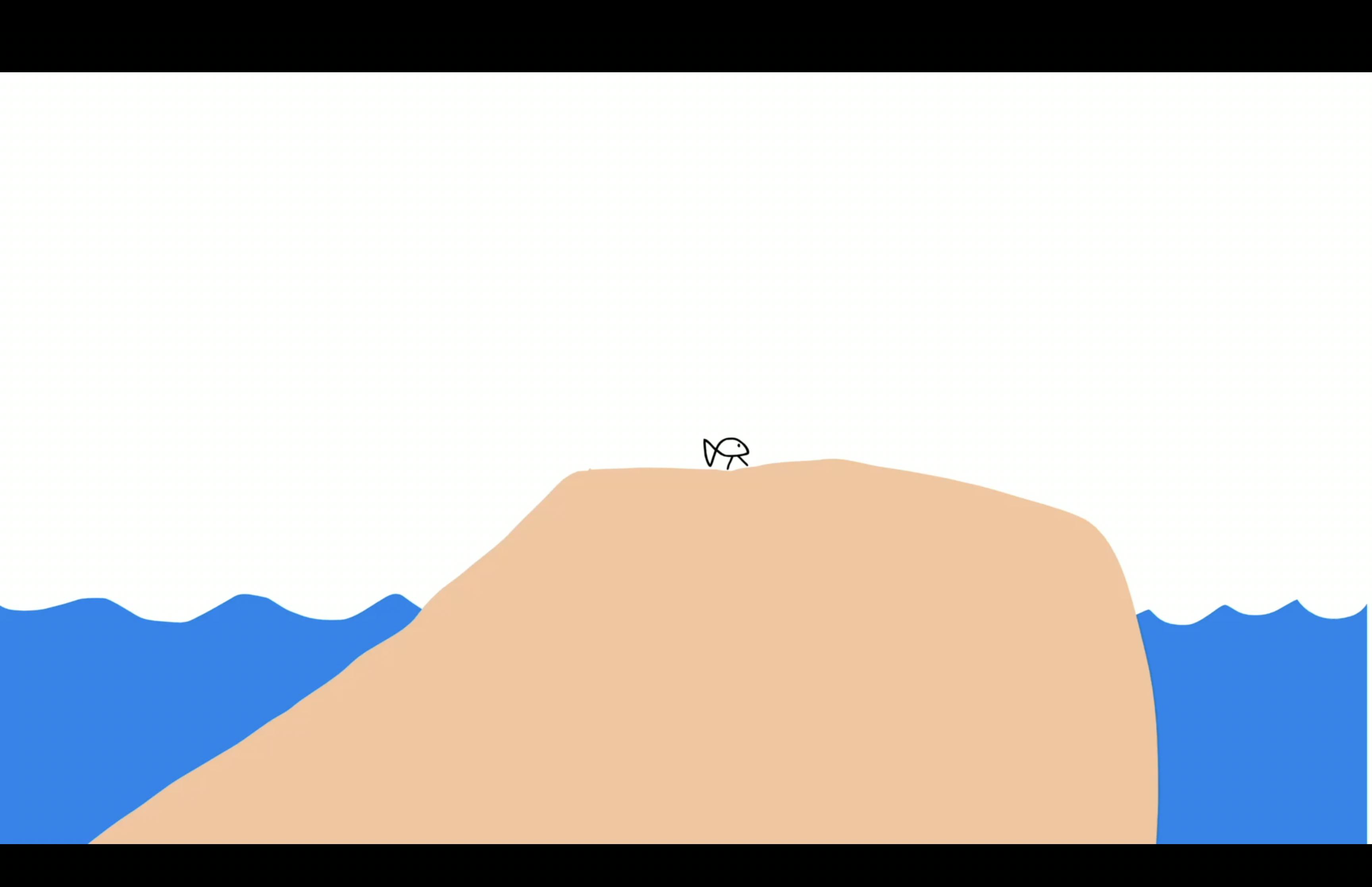 a simple scene with a fish standing on an island with tiny legs