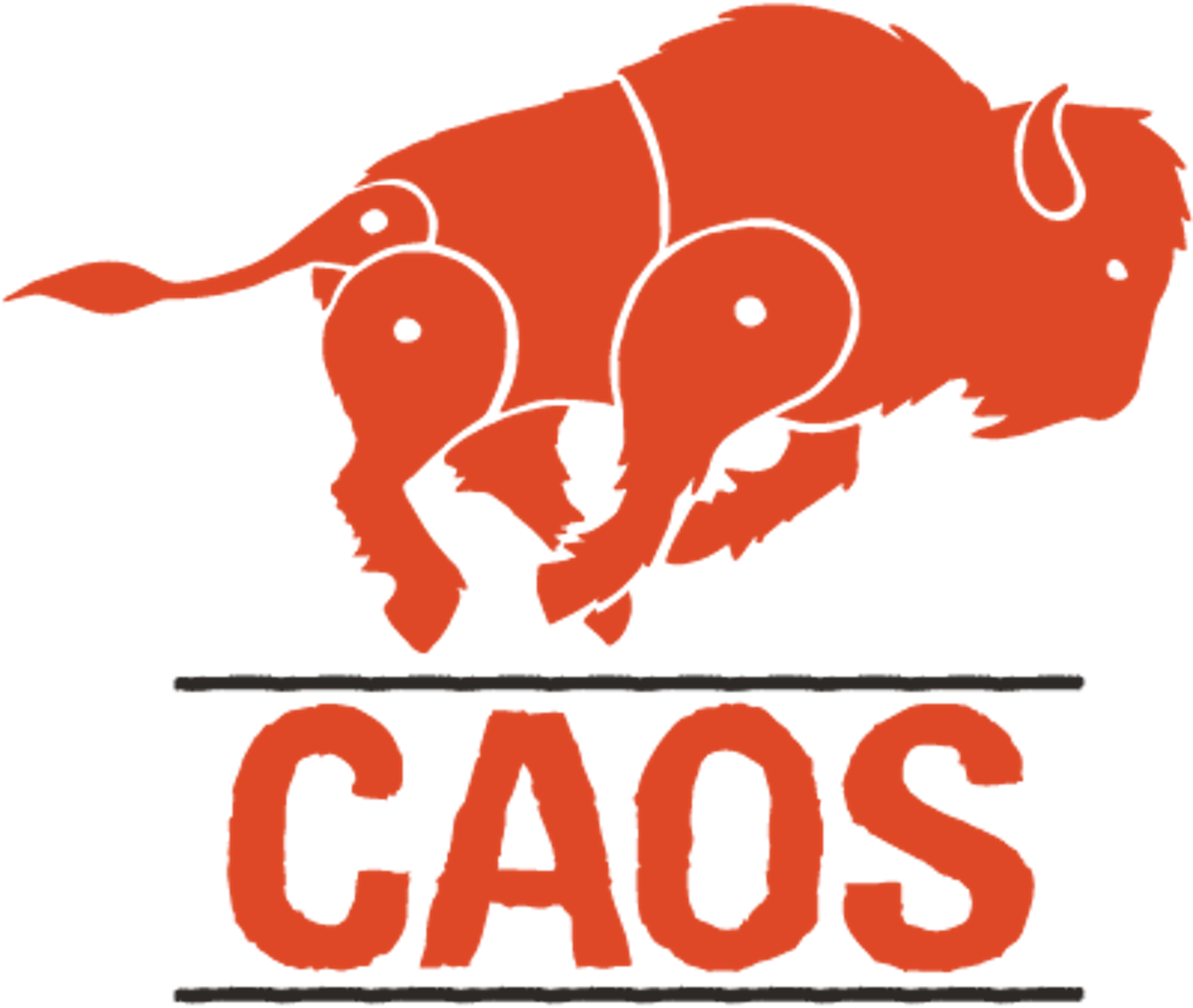 CAOS logo - an image of an orange buffalo with hinges on its joints running above the letters CAOS