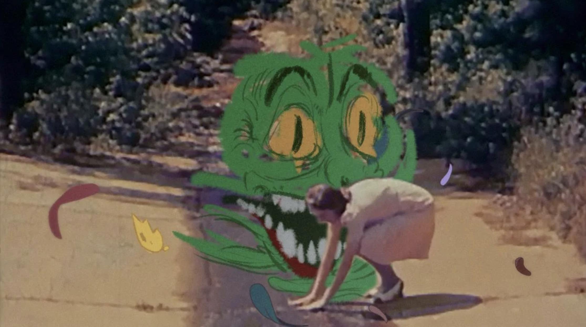 A girl puts her hand in a puddle, with a hand-drawn giant face with green skin and sharp teeth looming behind her