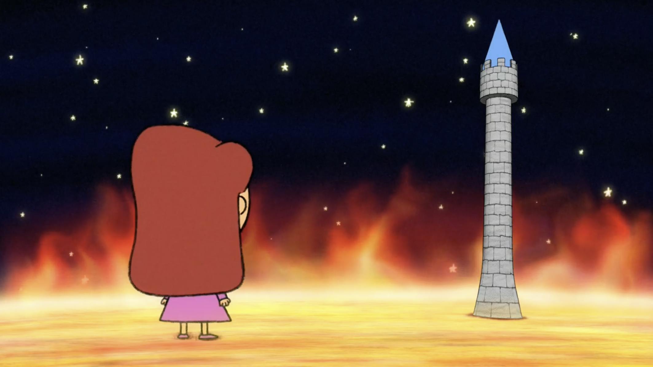 A young girl stands on the surface of the sun, staring at a tall castle.