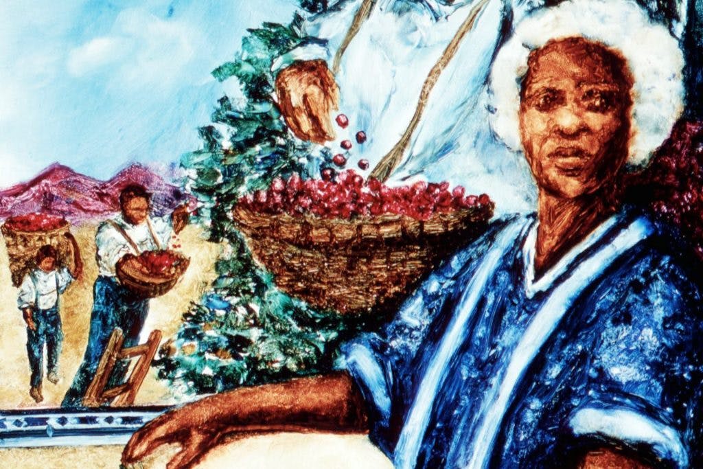 A painted illustration of a black woman, wearing a hairnet and a blue robe. Behind her are people picking berries 