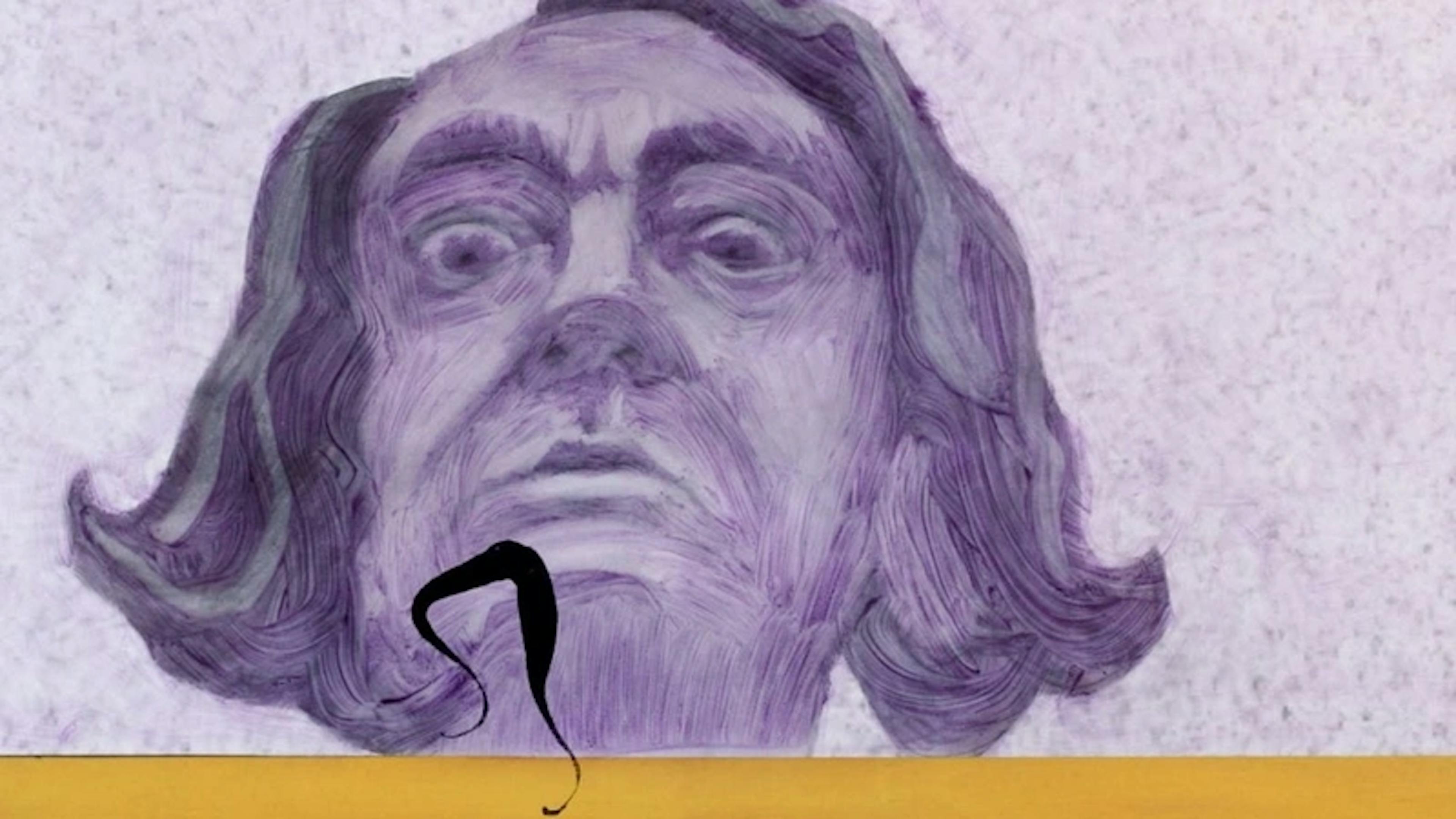 screenshot from "Stache and the Inner Walk" by Joanne Fisher (2020). Salvador Dali looks unimpressed upon his moustache walking on a yellow surface