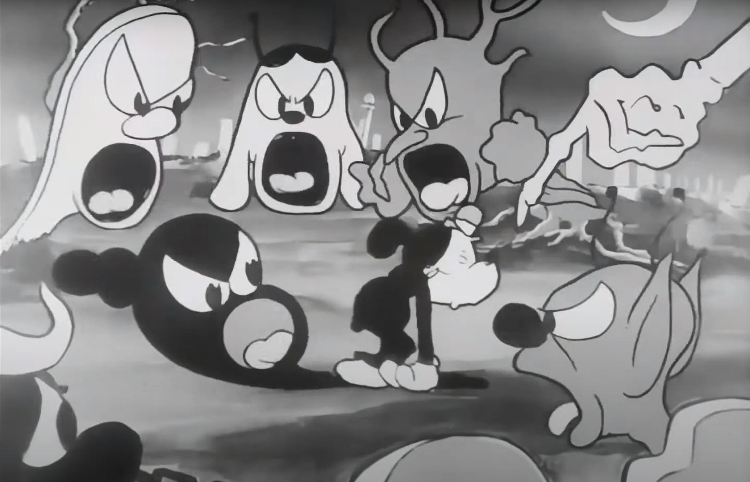Screenshot from David Fleischer's Swing you Sinners (1930). Black and white classic animation, showcasing Bimbo a black dog, in the middle of the frame while a variety of ghost and ghouls yell and point at him 