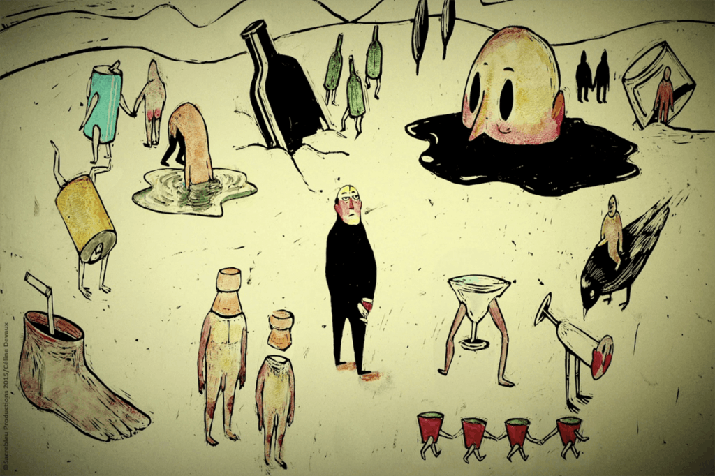 Many illustrated characters stand around in a desert. The top left features anthropomorphic beer cans holding hands, one with its head in a pond. To the right, passing by bottles in the sand, there is a large head poking out of a puddle made out of oil-like substance. The bottom left starts with an illustration of a hollow foot with a straw coming out of it, two characters with human bodies but champagne corks for heads, and two martini glasses with human legs. At the bottom right there is a parade of red solo shot cups. In the very middle stands a lone gentleman in a black body suit. 