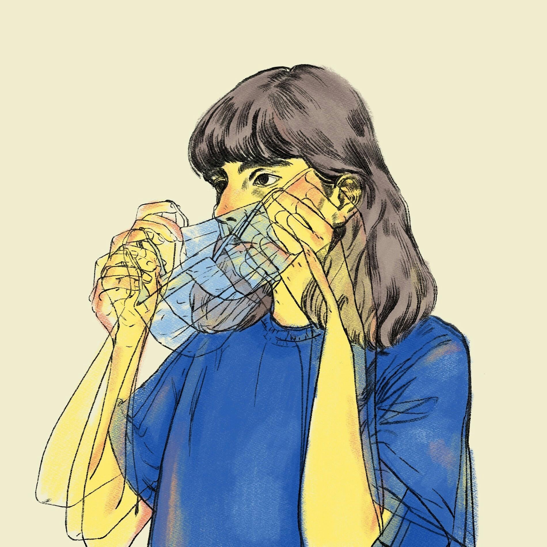 Illustration of Maedeh Mosaverzadeh. Rough pencil drawing coloured in simple flats, many frames leading up to putting a medical mask on their face. 