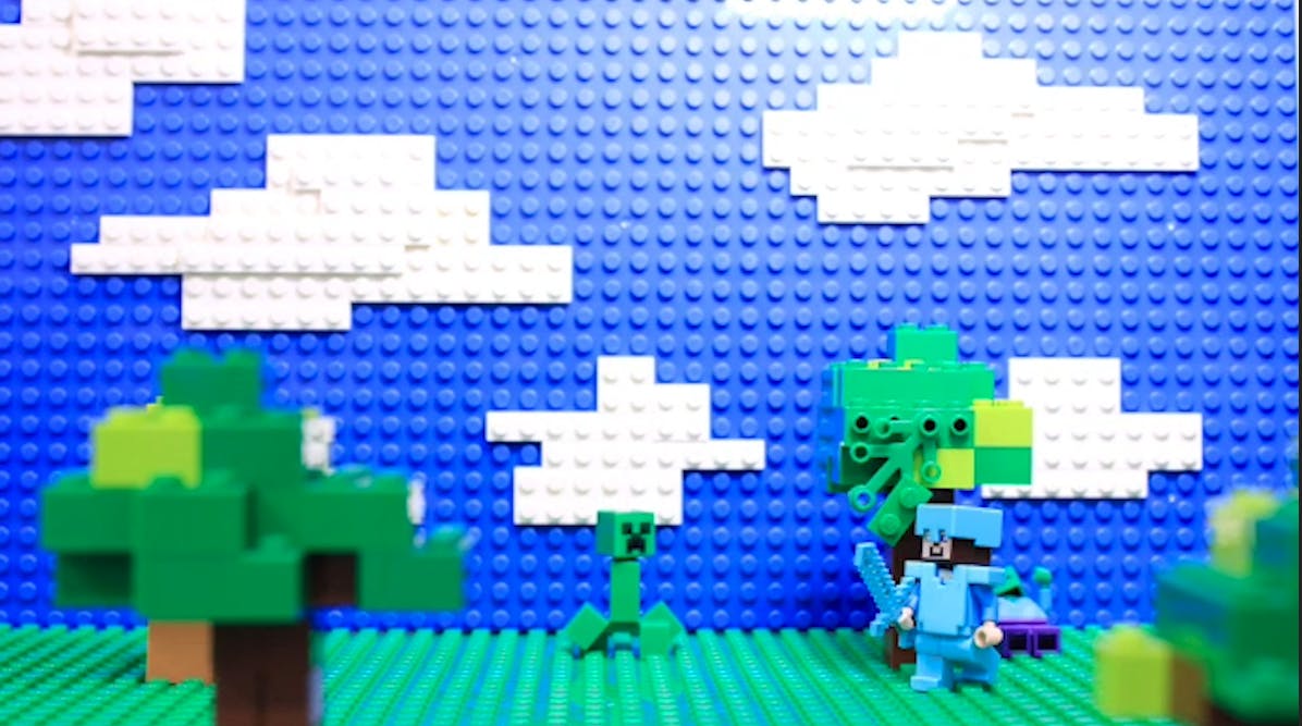 image of a stop motion animation done with Minecraft LEGO. Features a backdrop of a lego sky with clouds, a foreground of lego trees, and a Lego Steve with a sword going towards a lego Minecraft Creeper