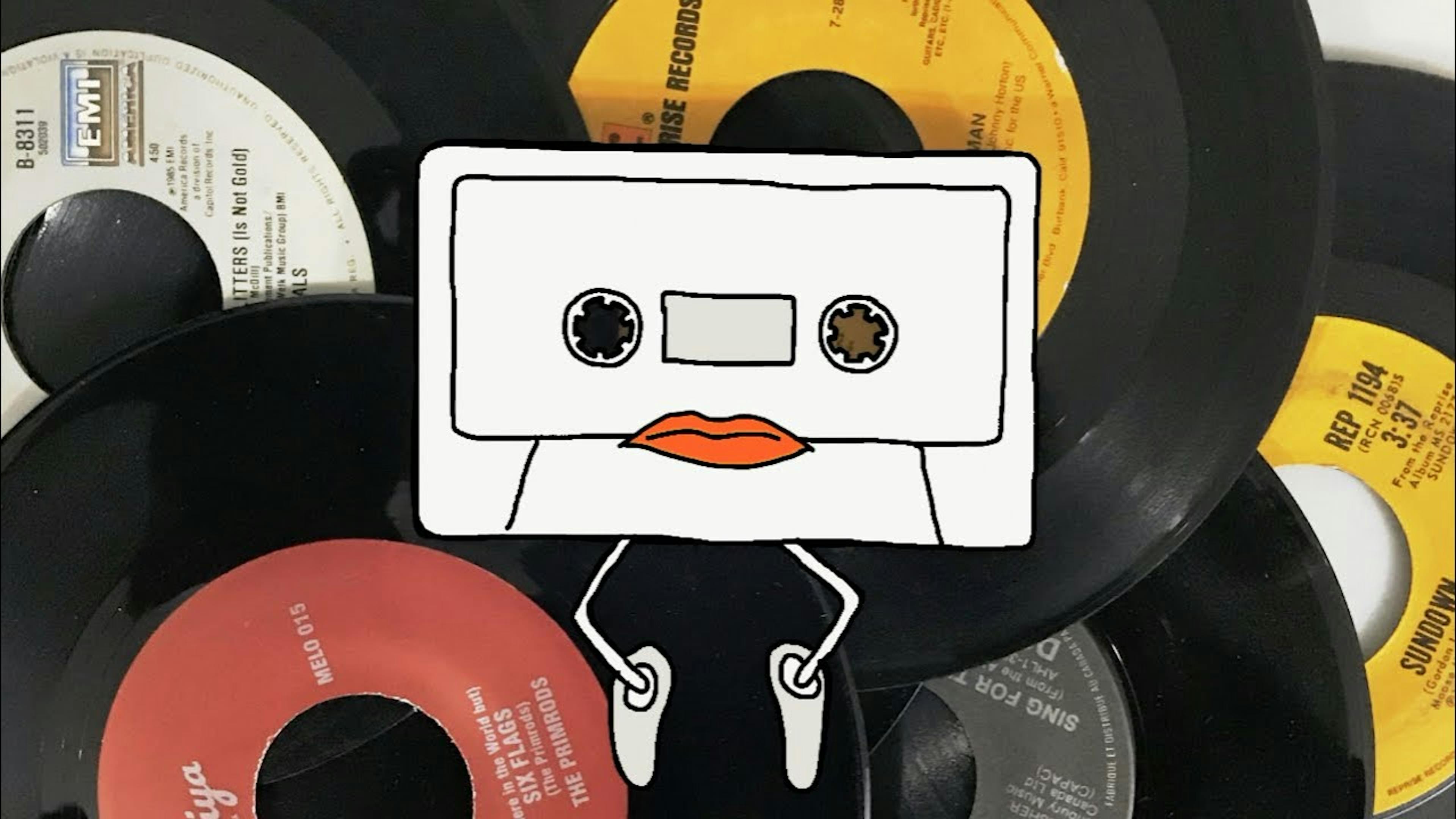 Still from Troy Kokol's animated music video for his song "Like a Record" — a hand-drawn tape cassette with mouth and legs over a scattered stack of 7" records