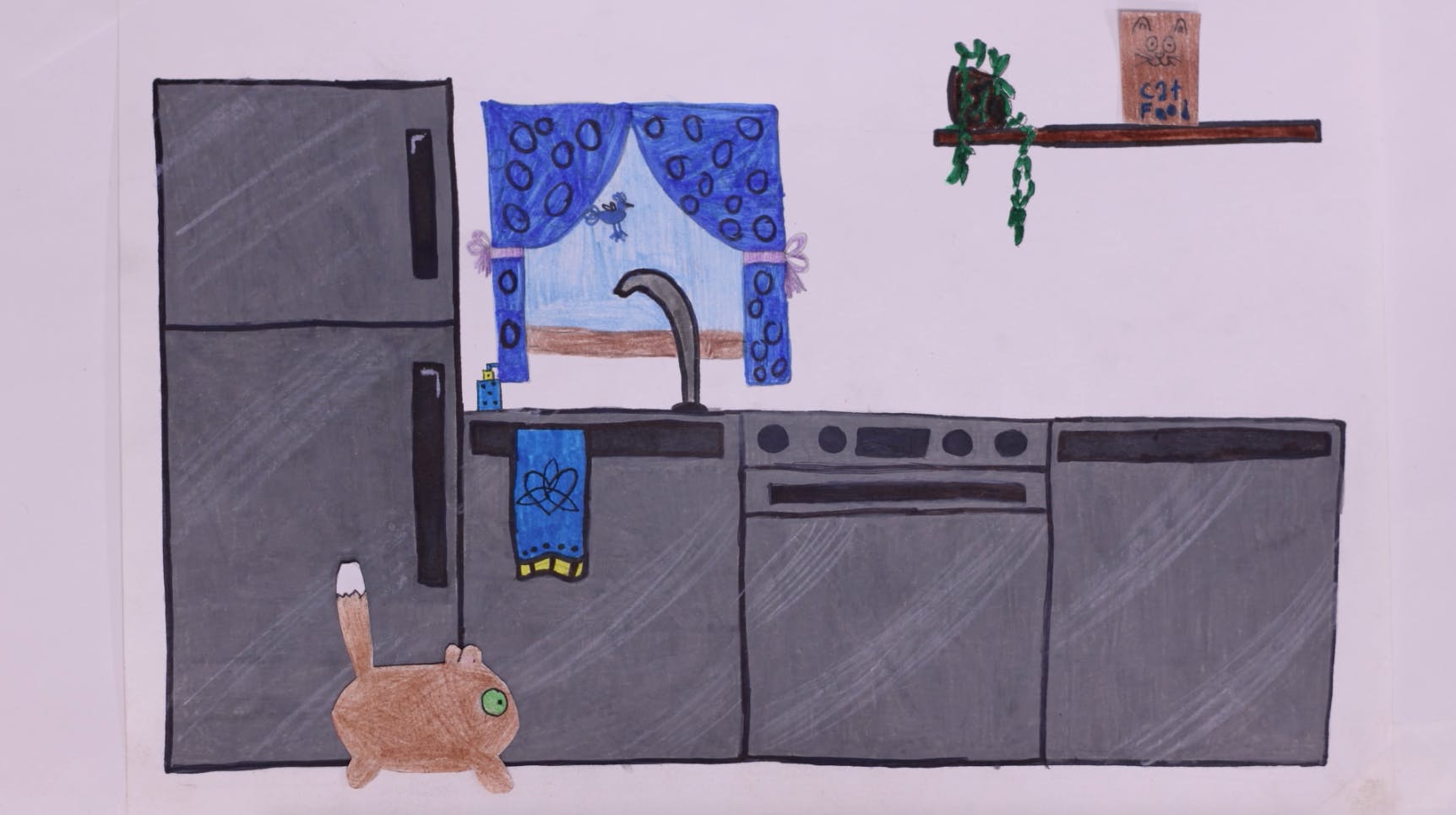 Image of a cut out animation of a kitchen and a cat running in front of the fridge
