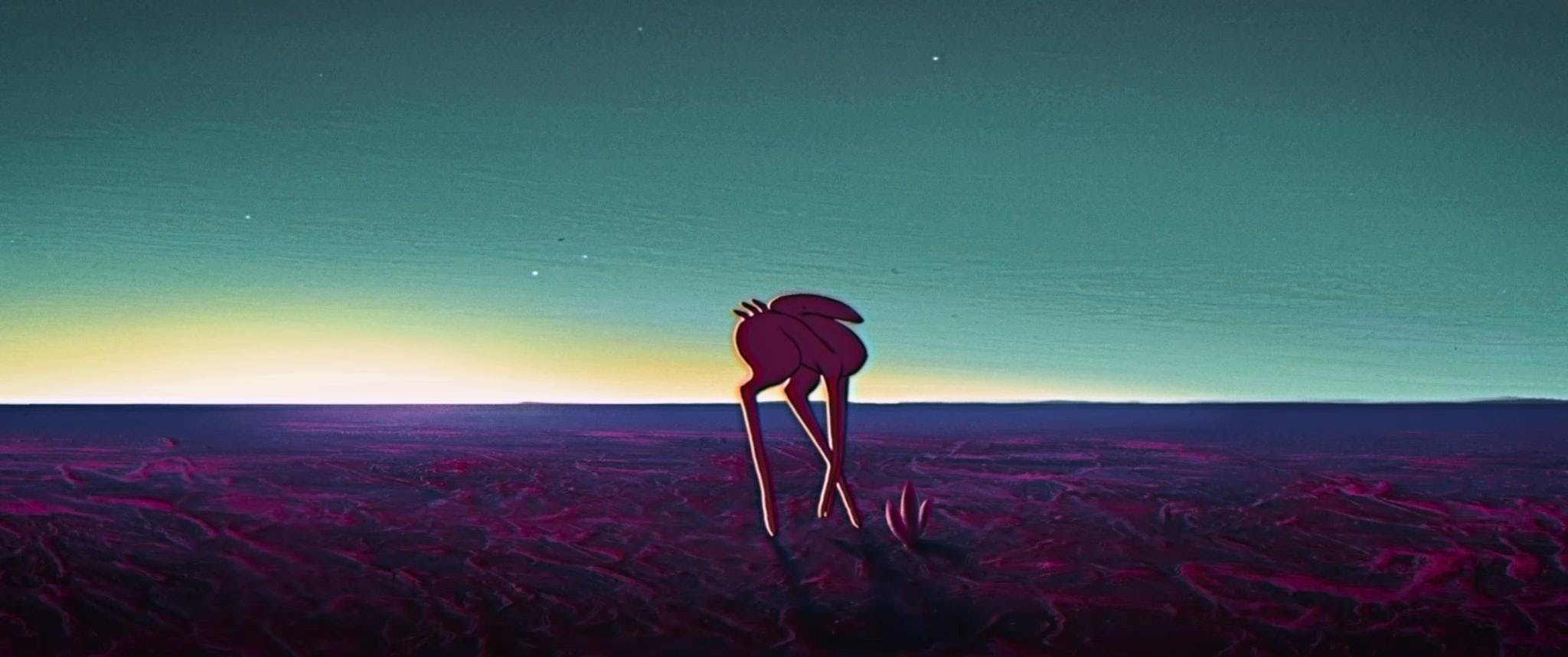 A strange, long-legged creature walks across a vast, barren landscape as the sun sits just below the horizon.