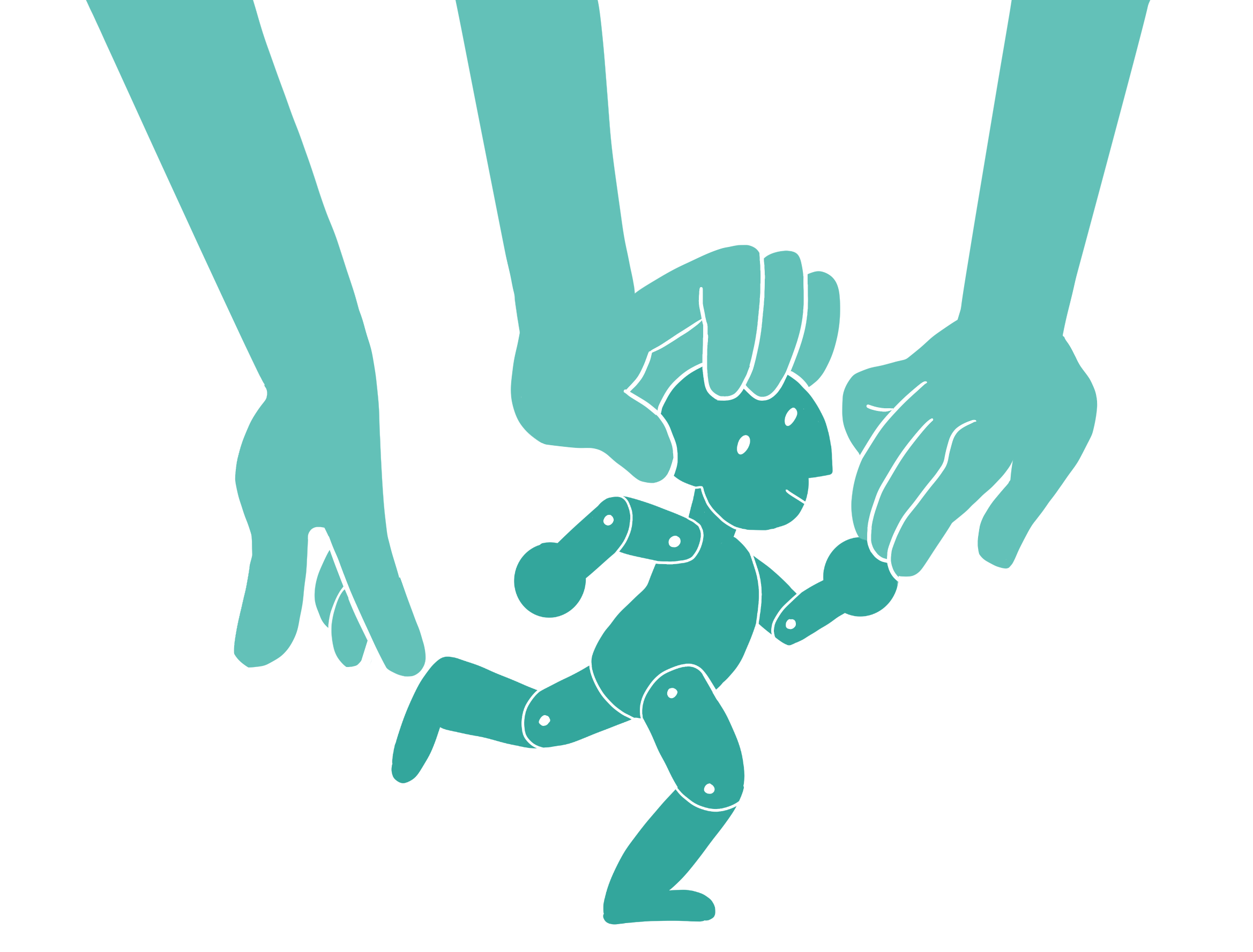 graphic of three hands posing a stop motion cut out puppet